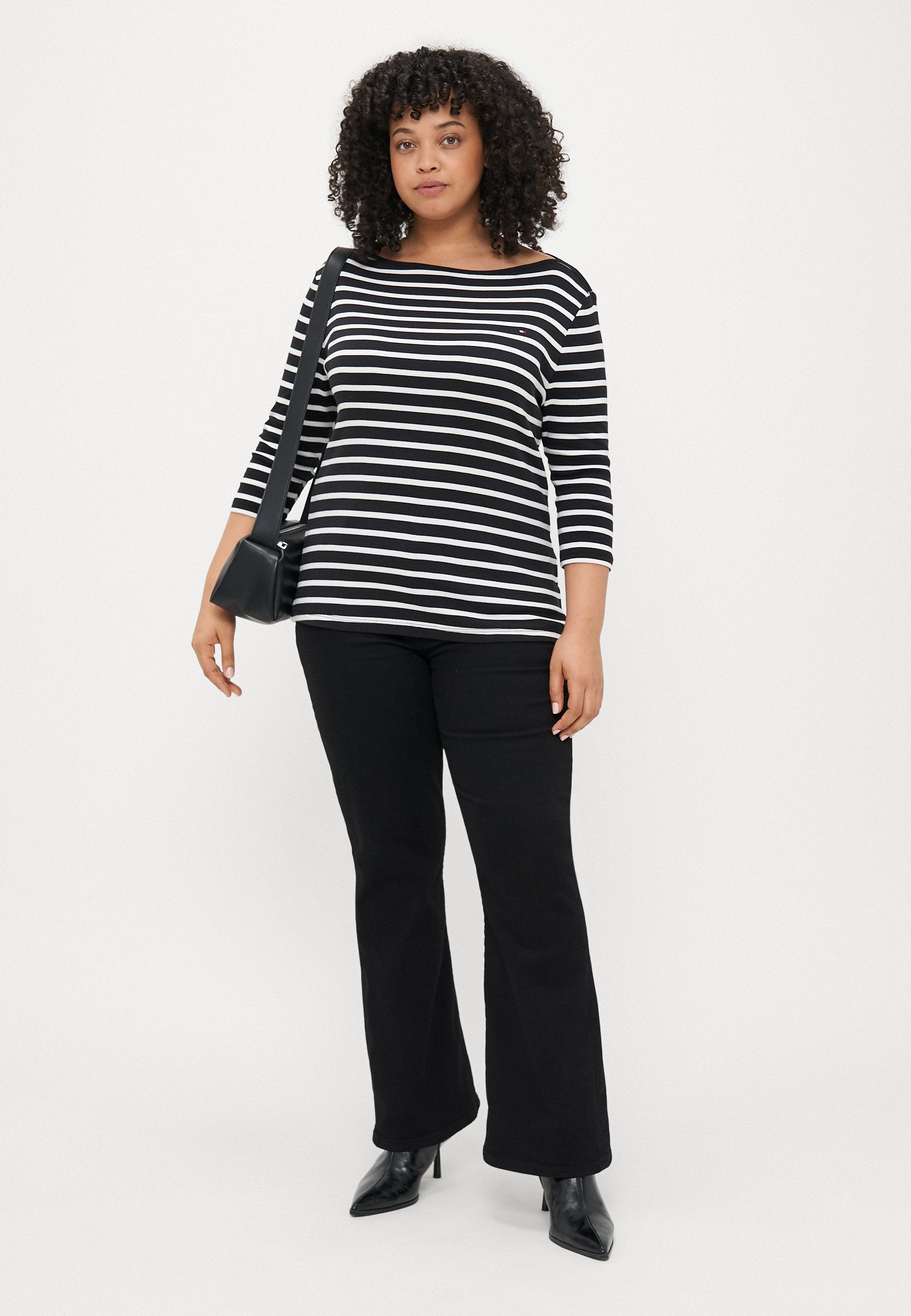 CURVE BOAT NECK THREE-QUARTER SLEEVE T-SHIRT - Long sleeved top - black/ecru