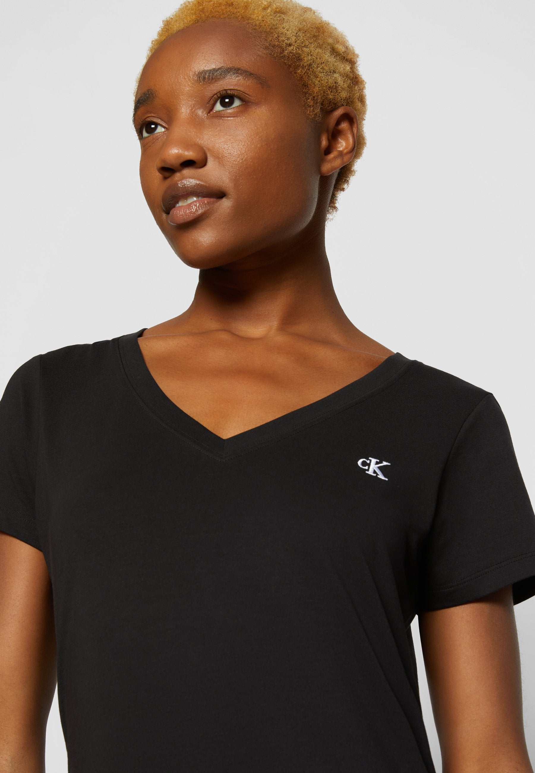 EMBROIDERY V NECK - Basic T-shirt - black