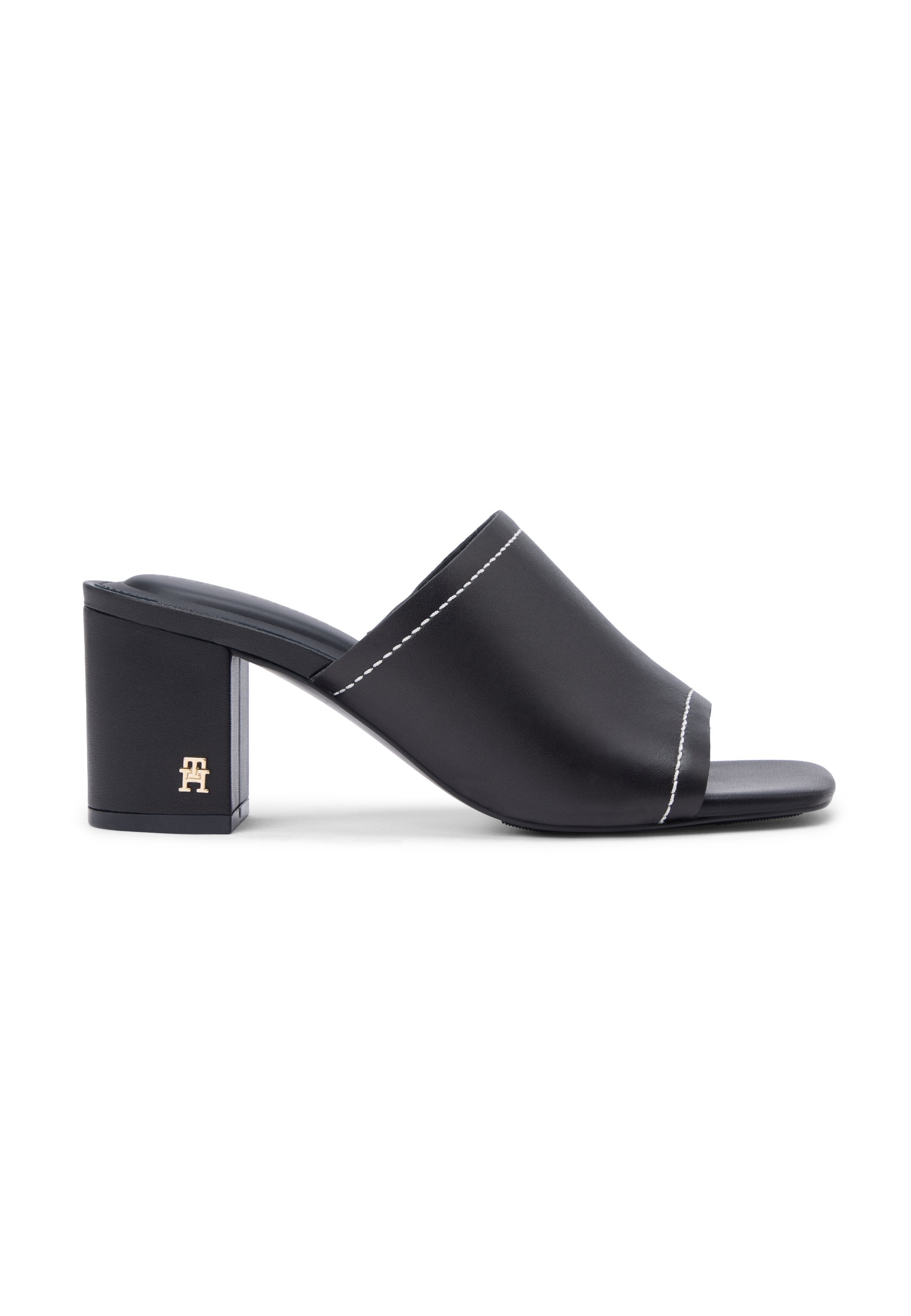 TH MONOGRAM LEATHER BLOCK HEEL MULES - أحذية كعب - أسود