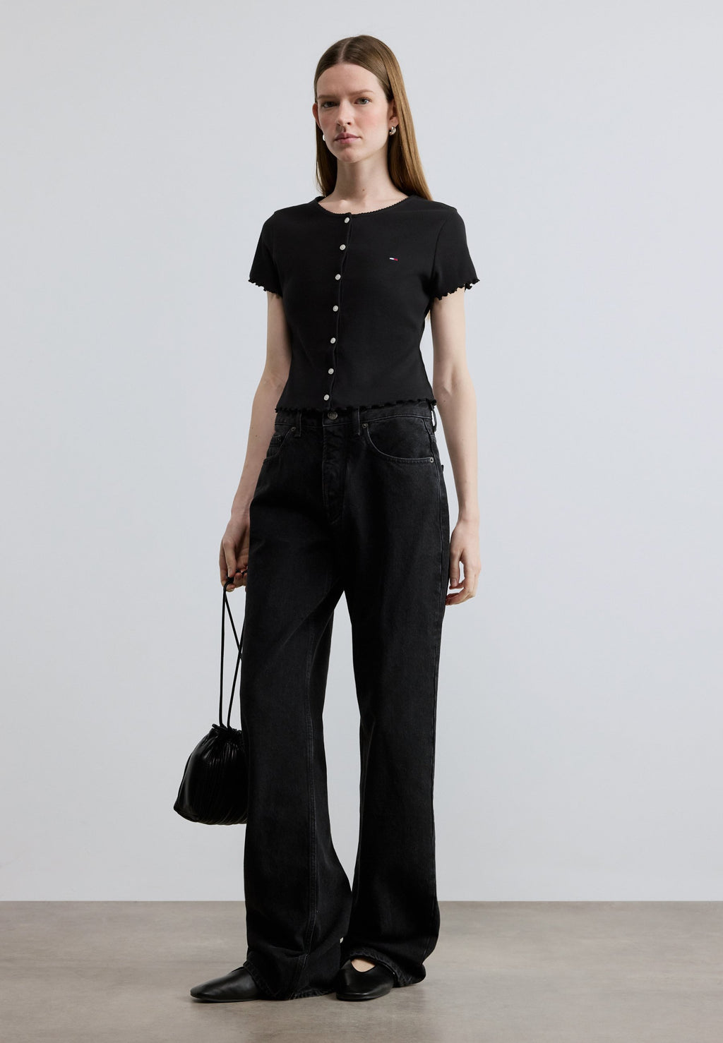 RUFFLE TRIM RIBBED SLIM TOP - Print T-shirt - black