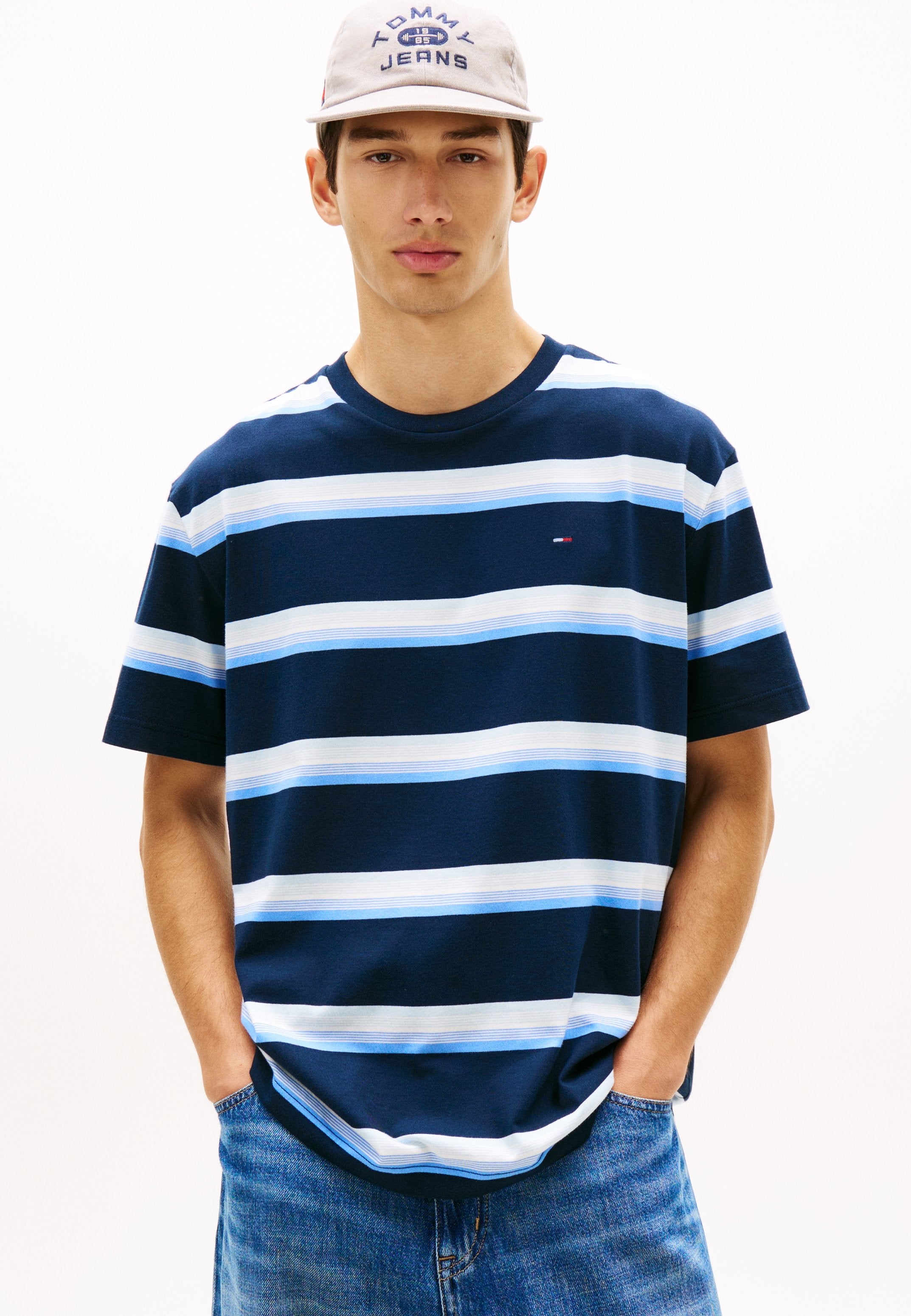 HILFIGER BAYRAK ŞERİTLİ RAHAT KESİM JERSİ TİŞÖRT - Baskılı tişört - tatlı mavi