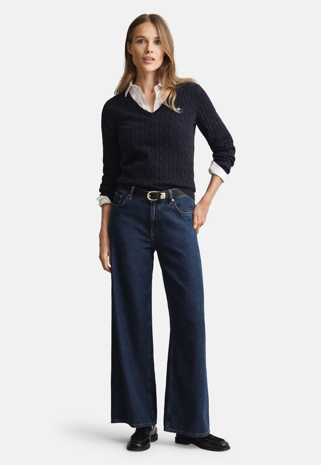 STRETCH CABLE V-NECK - Jumper - evening blue