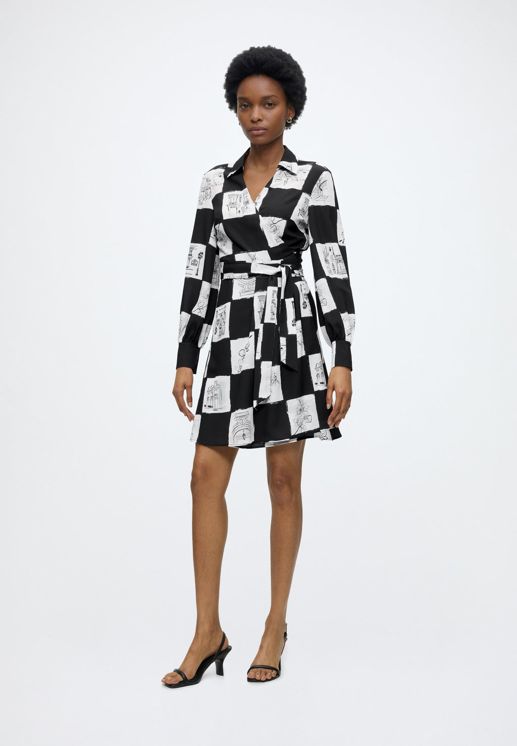 PRINTED FLUID WRAP DRESS - Day dress - sketch checkerboard aop