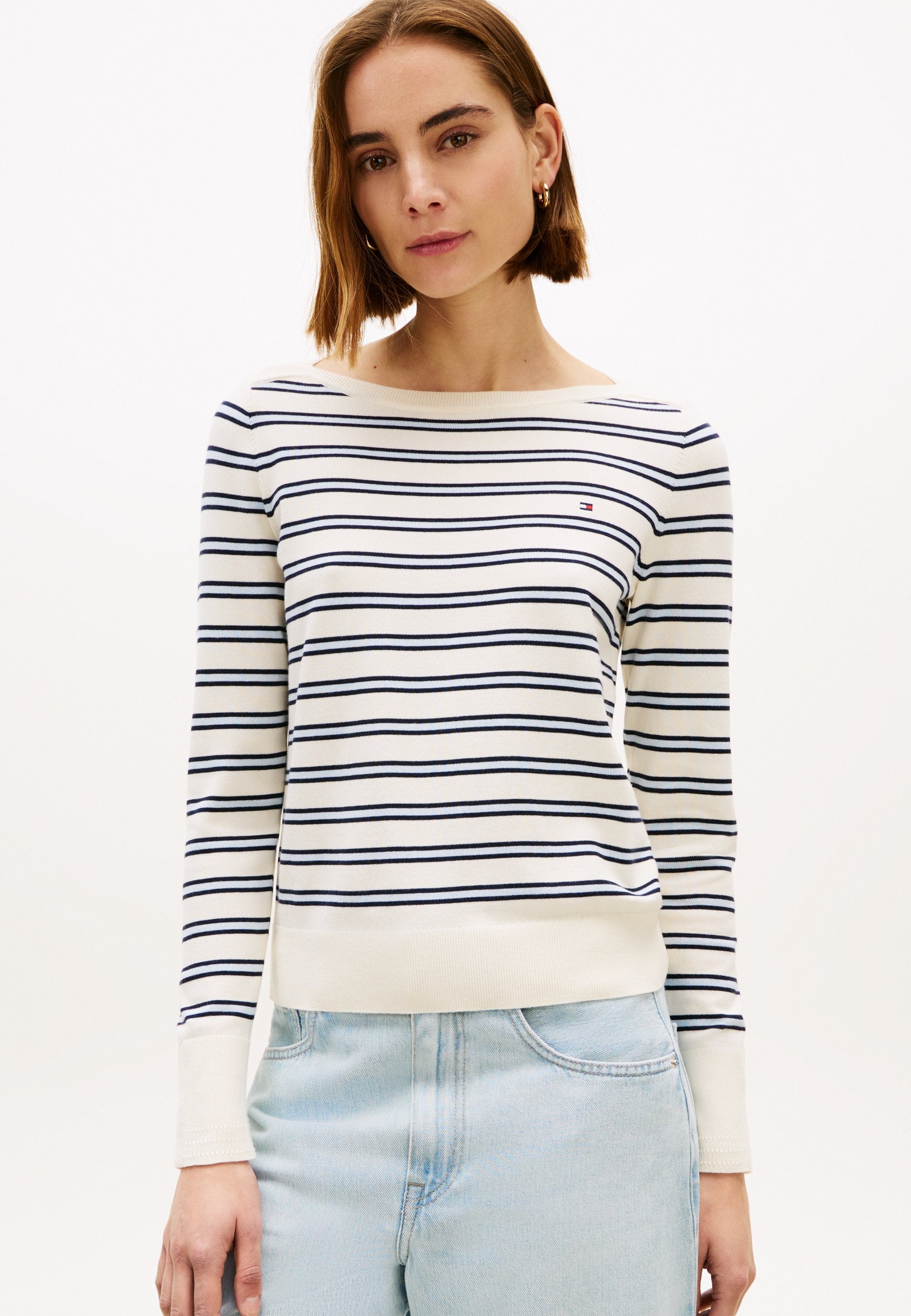 GOLD-TONE BUTTON JERSEY BOAT NECK JUMPER - Jumper - calico/dark navy blue