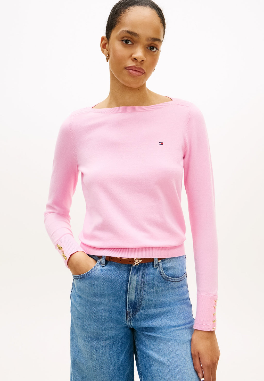 GOLD-TONE BUTTON JERSEY BOAT NECK JUMPER - Jumper - rose petal