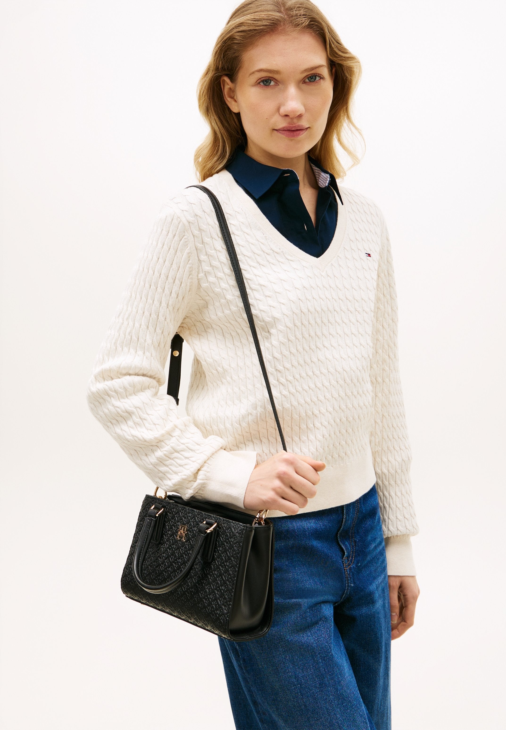 TH MONOGRAM CROSSBODY TOTE BAG - Handbag - black