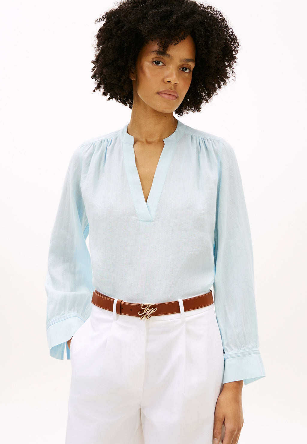 BLOUSE COL EN V EN PUR LIN COUPE AMPLE - Blouse - bleu souvenir