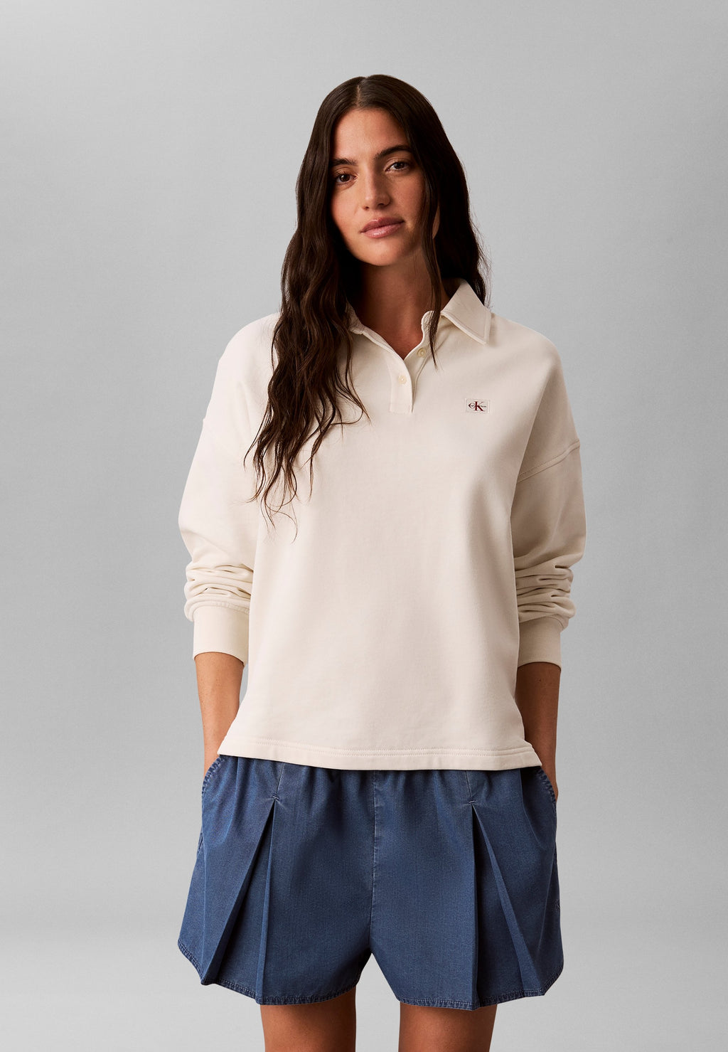 LS RLXD WOVEN LABEL TERRY POLO - Polo tişört - ekru