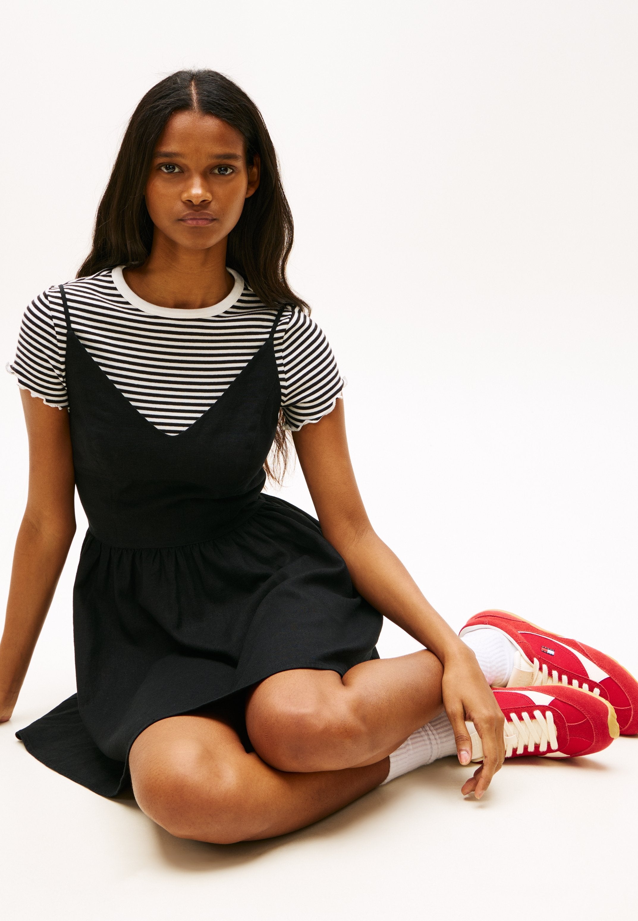 EXTRA SLIM LINEN BLEND MINI SKATER DRESS - Day dress - black