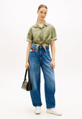 RELAXED FIT LINEN BLEND TIE FRONT SHIRT - Button-down blouse - bay leaf