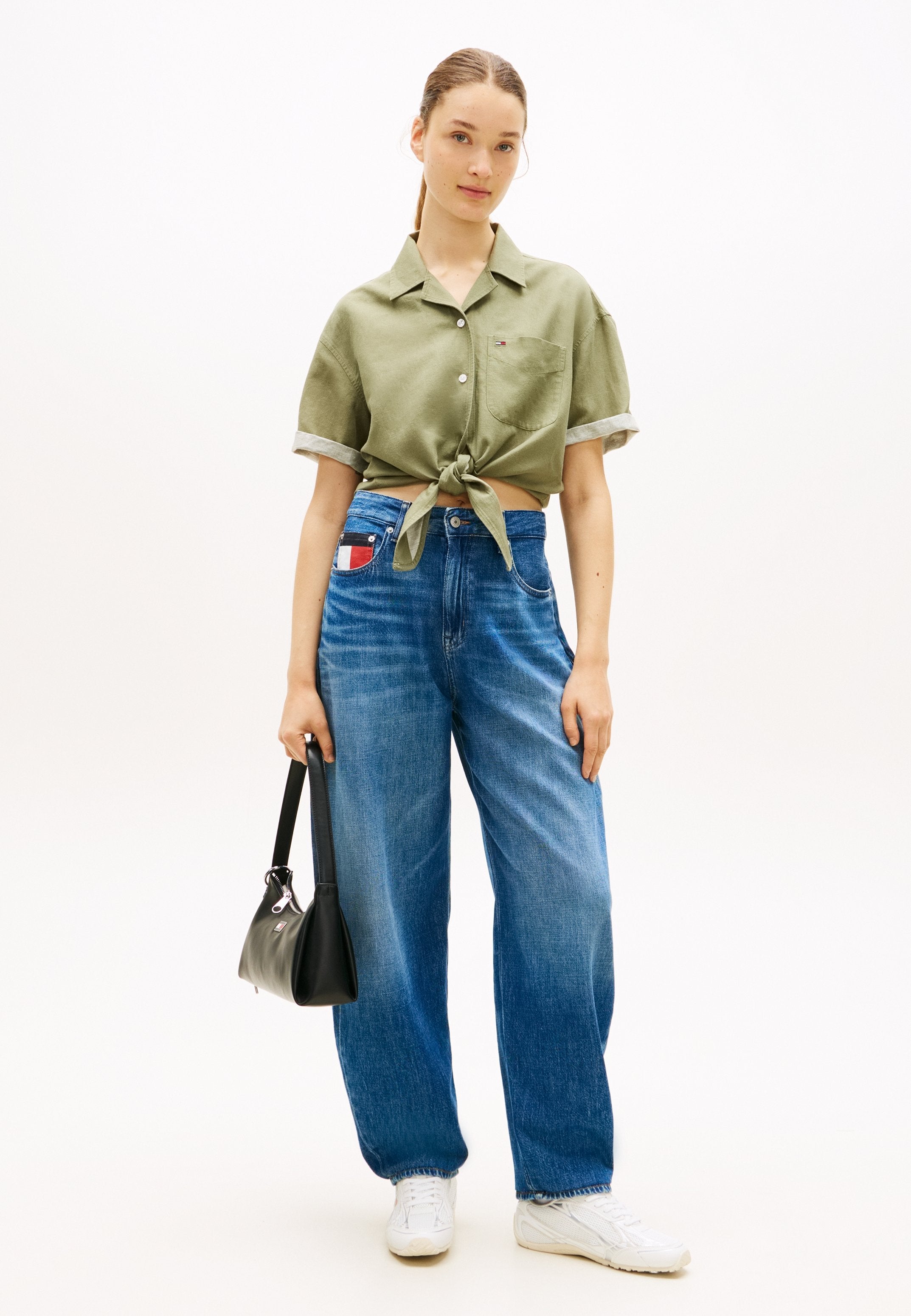 RELAXED FIT LINEN BLEND TIE FRONT SHIRT - Button-down blouse - bay leaf
