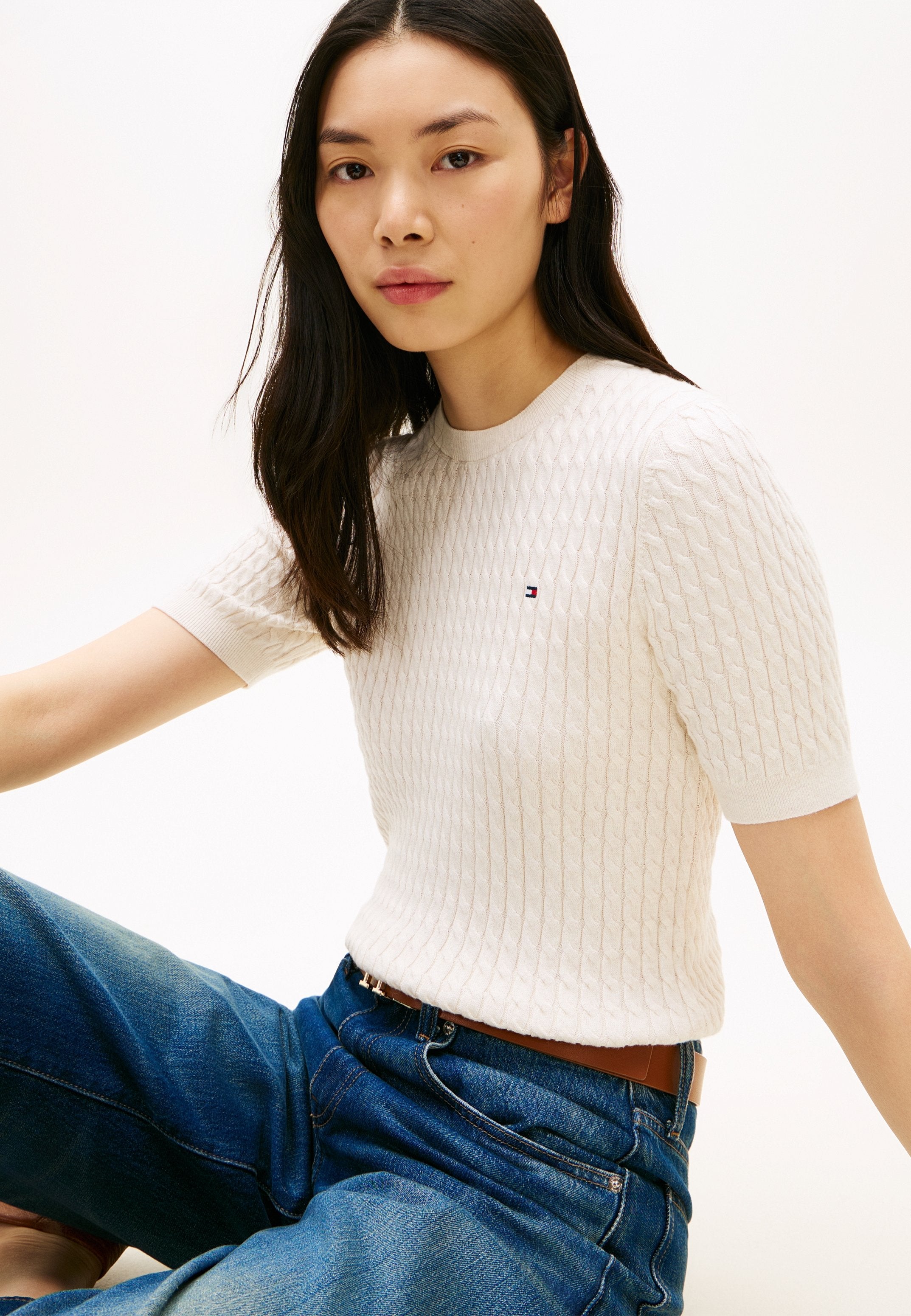 CABLE FINE - Basic T-shirt - heather ivory petal