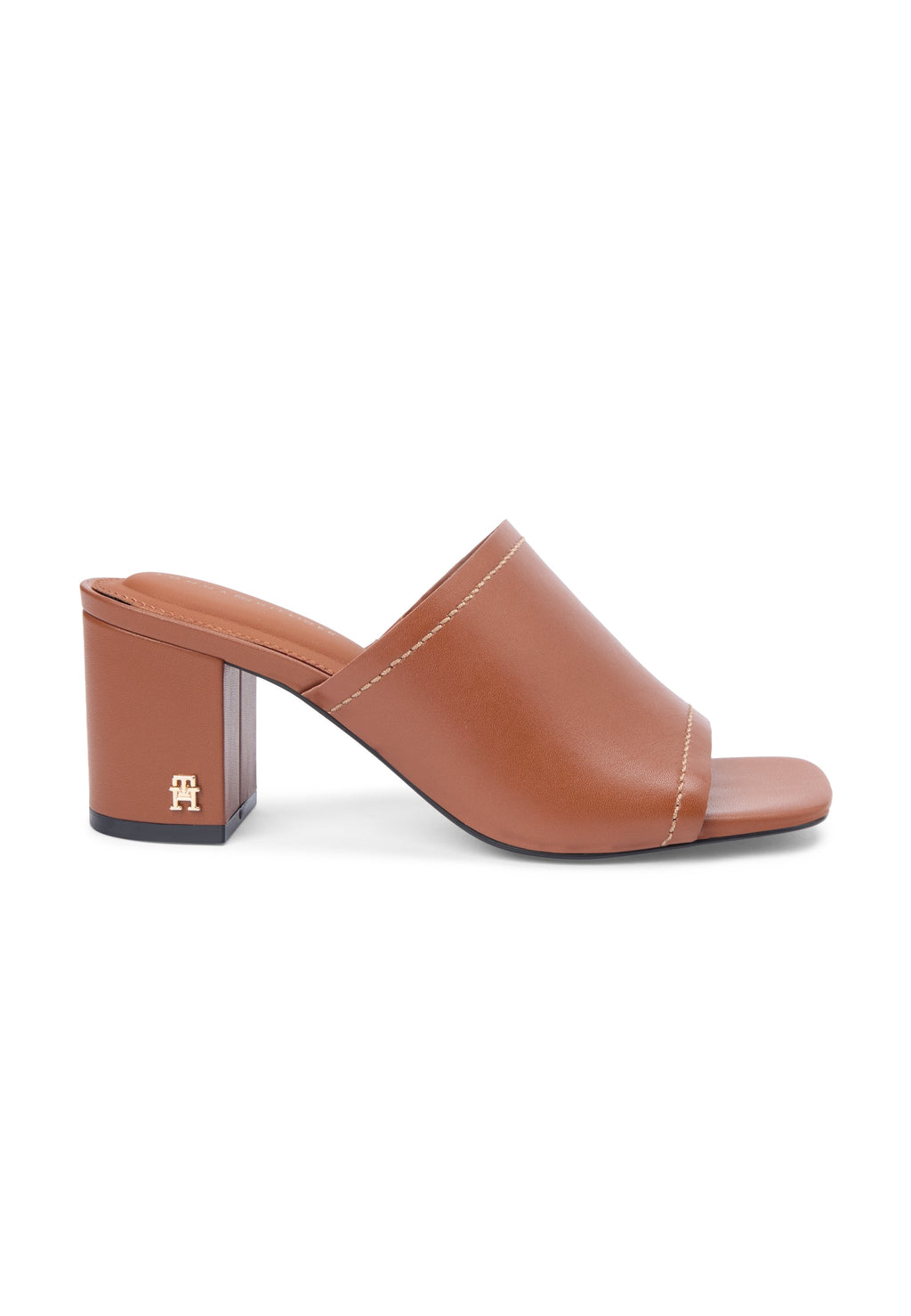 TH MONOGRAM LEATHER BLOCK HEEL MULES - أحذية مريحة بكعب - برونزي دافئ