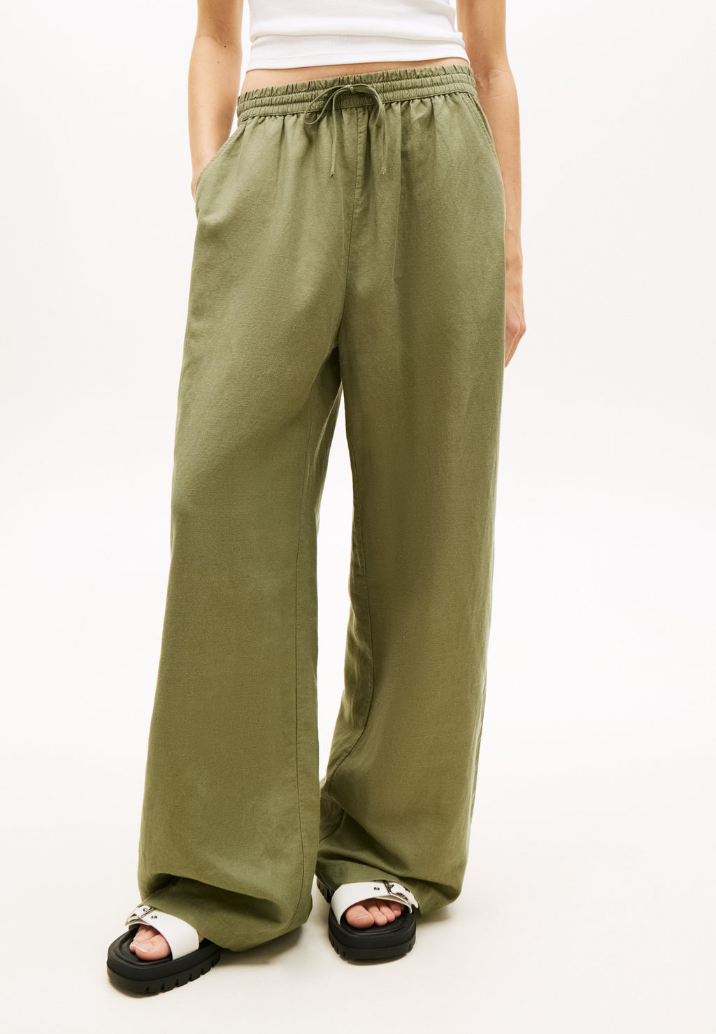 LOOSE LINEN BLEND DRAWSTRING TROUSERS - Trousers - bay leaf