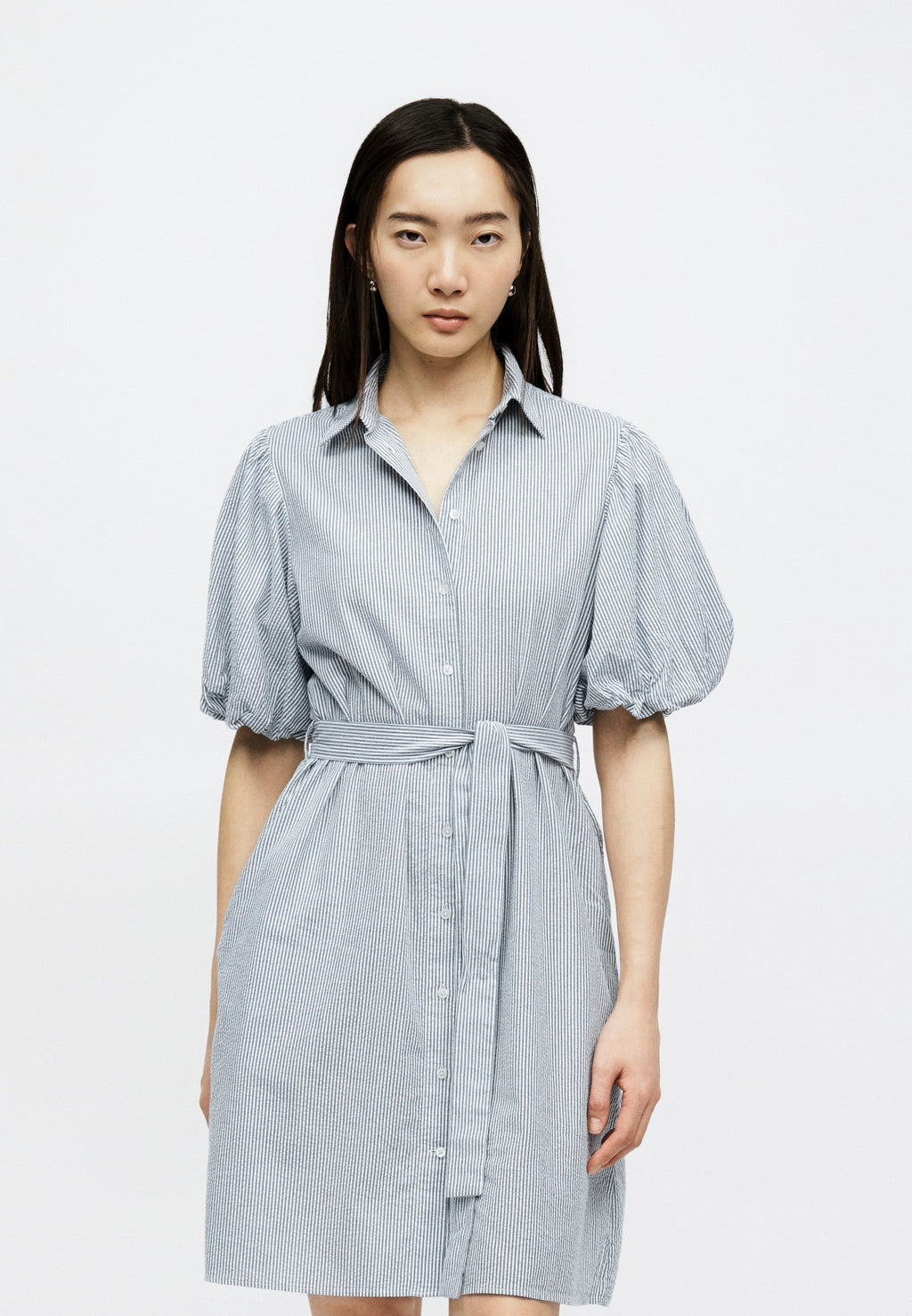 SEERSUCKER PUFF SLEEVE DRESS - Shirt dress - evening blue