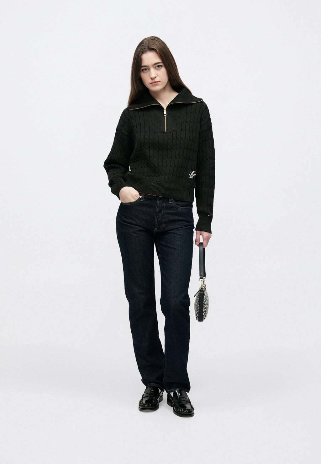 RELAXED CABLE KNIT HALF-ZIP JUMPER - Jumper - black