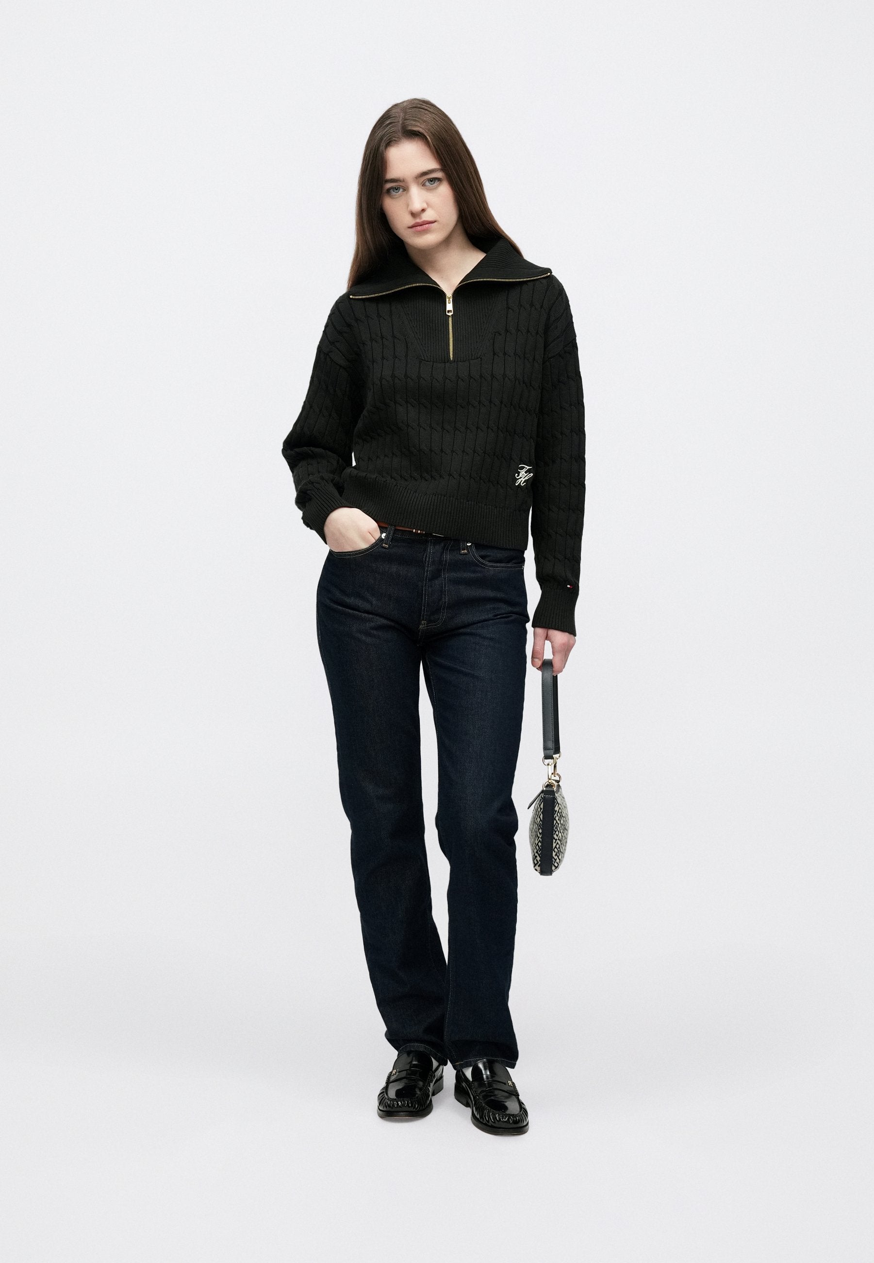 RELAXED CABLE KNIT HALF-ZIP JUMPER - Jumper - black