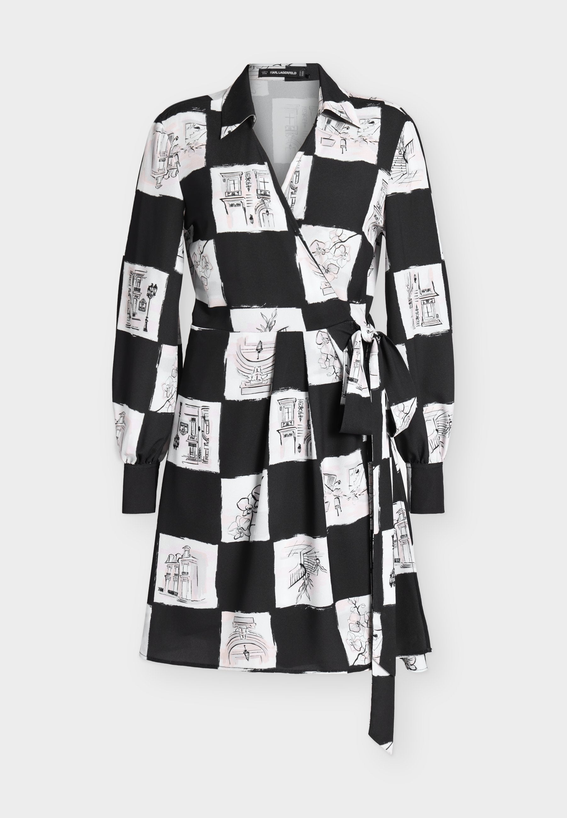 PRINTED FLUID WRAP DRESS - Day dress - sketch checkerboard aop