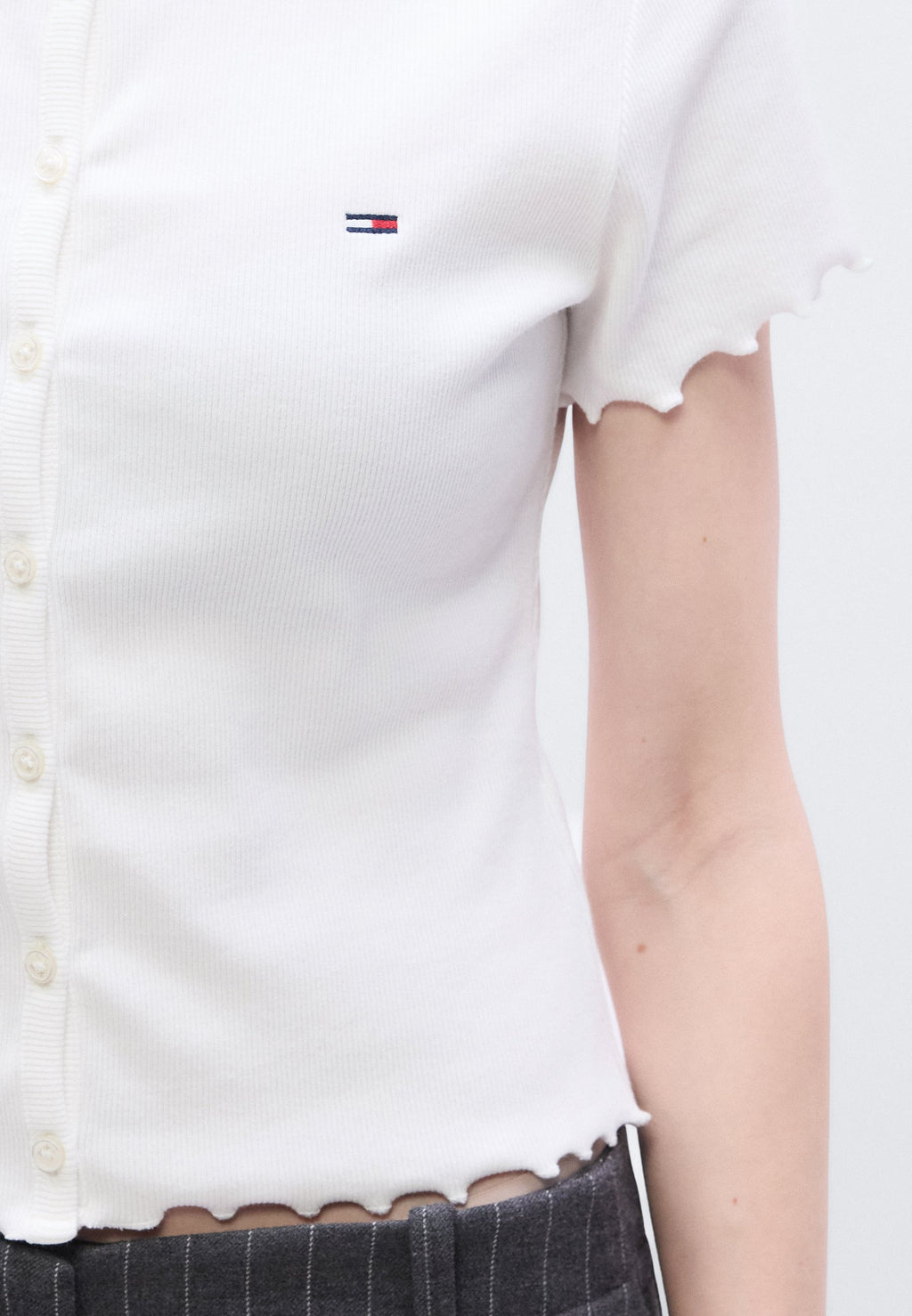 RUFFLE TRIM RIBBED SLIM TOP - Print T-shirt - ecru