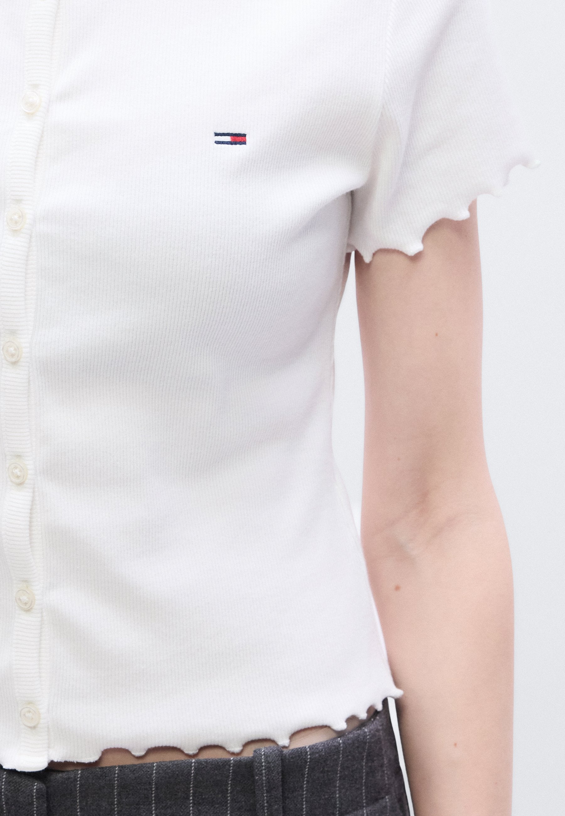 RUFFLE TRIM RIBBED SLIM TOP - Print T-shirt - ecru
