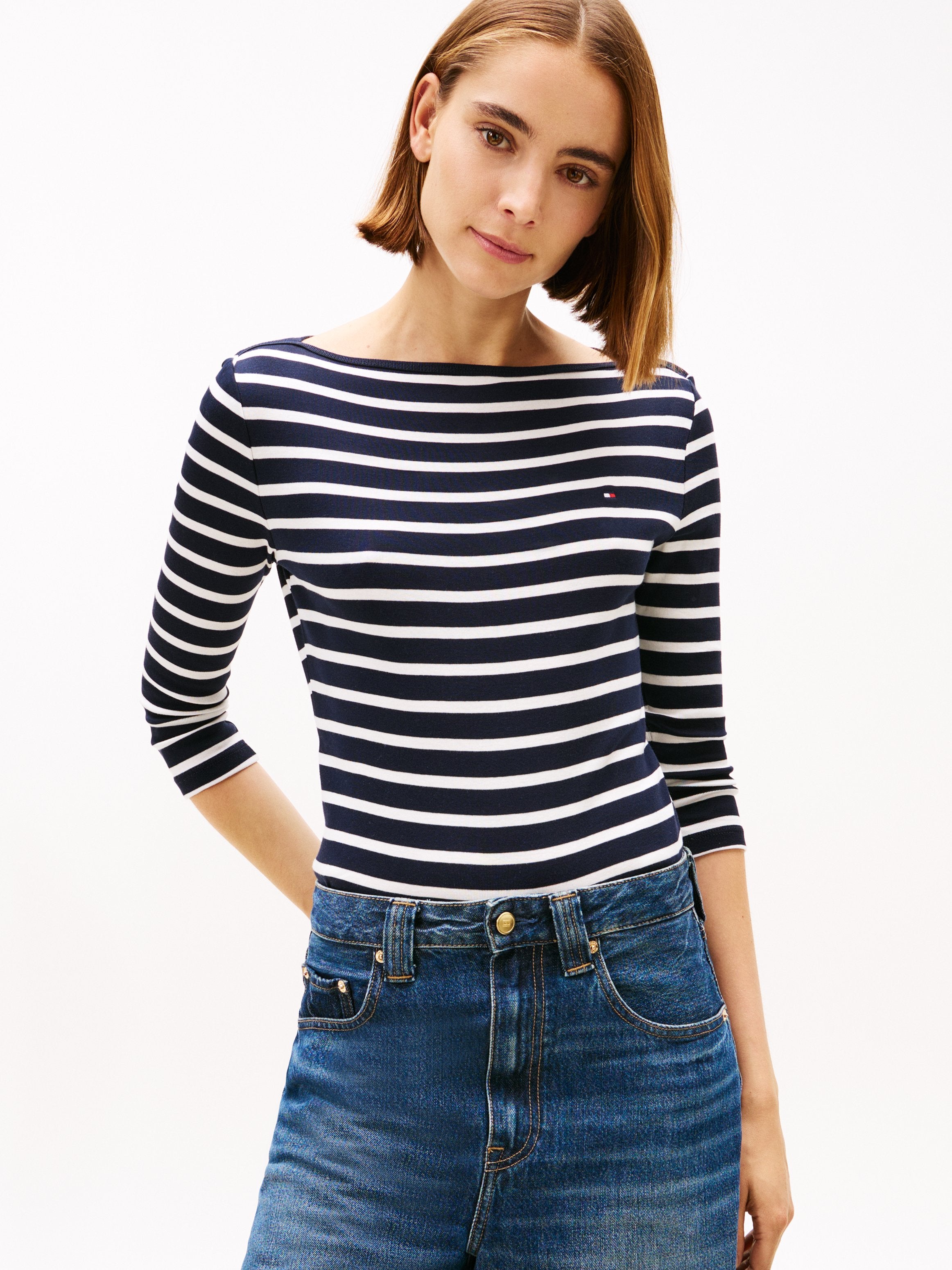 BOAT NECK THREE-QUARTER SLEEVE T-SHIRT - Long sleeved top - desert sky/ecru