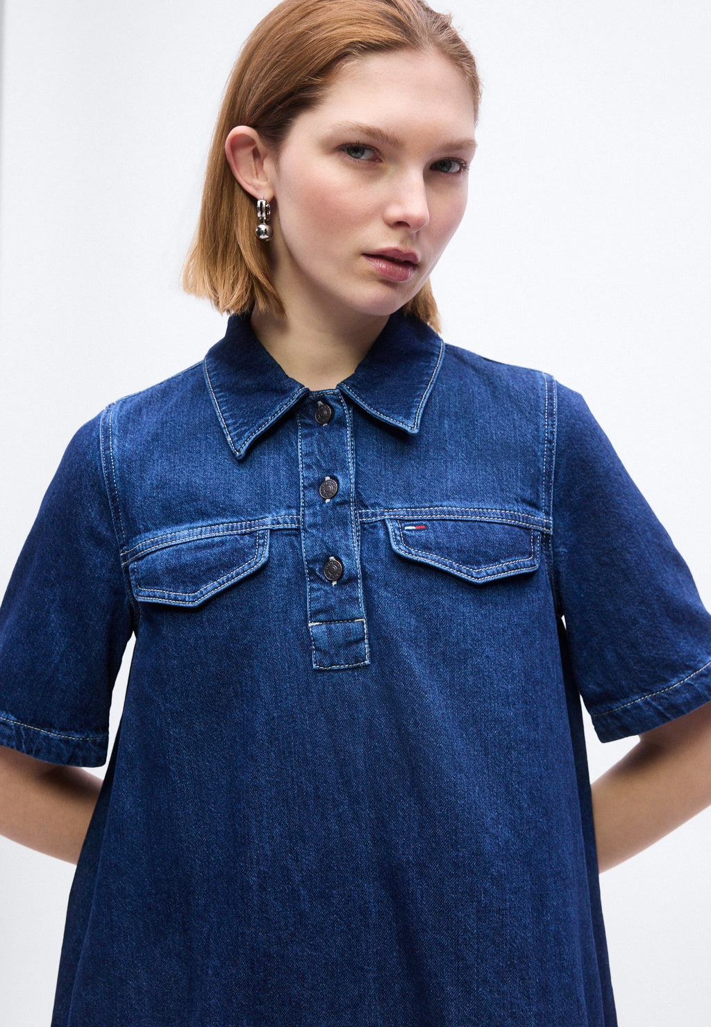 MINI DENIM SHORT SLEEVE SHIFT DRESS - Denim dress - denim medium