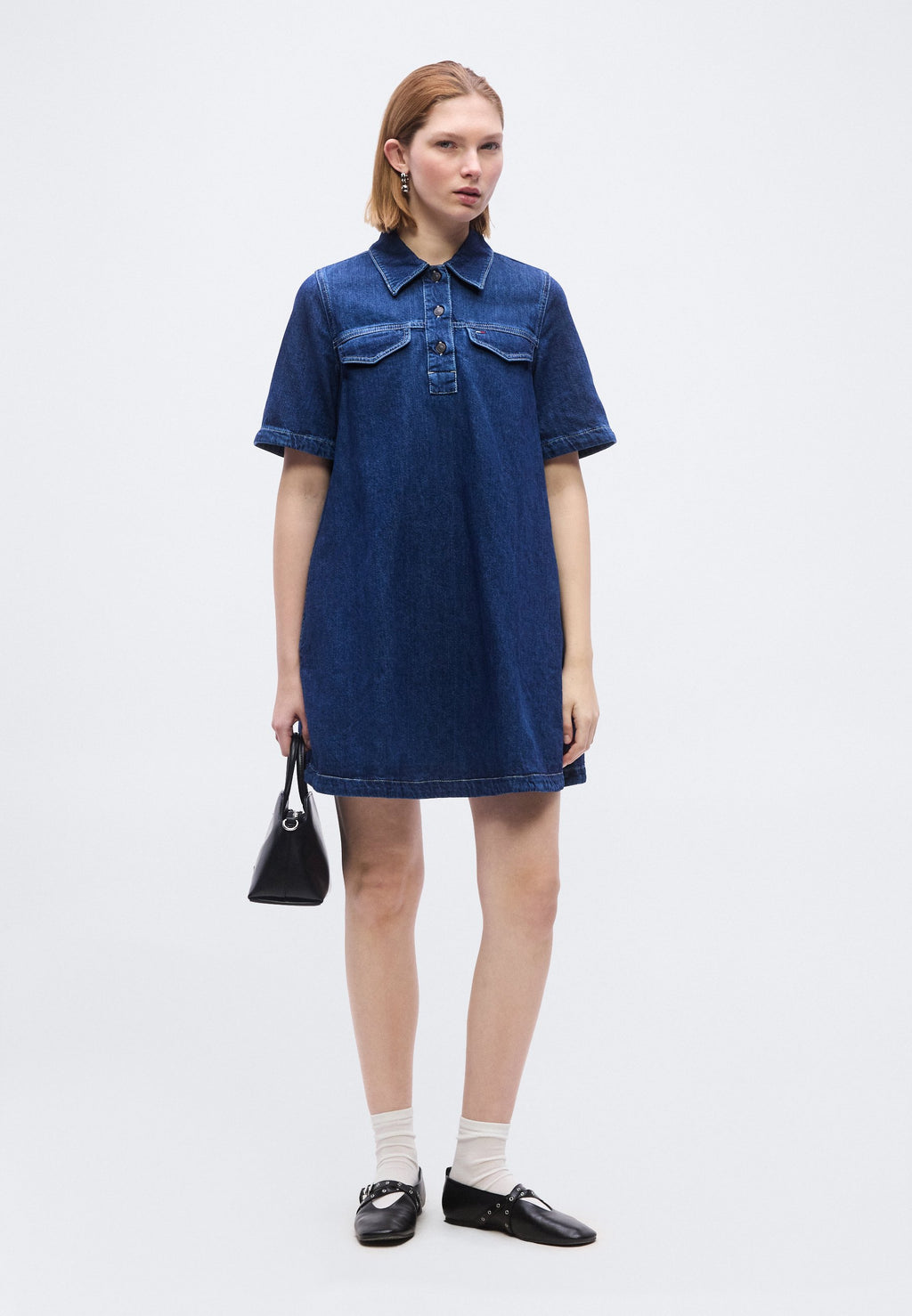 MINI DENIM SHORT SLEEVE SHIFT DRESS - Denim dress - denim medium