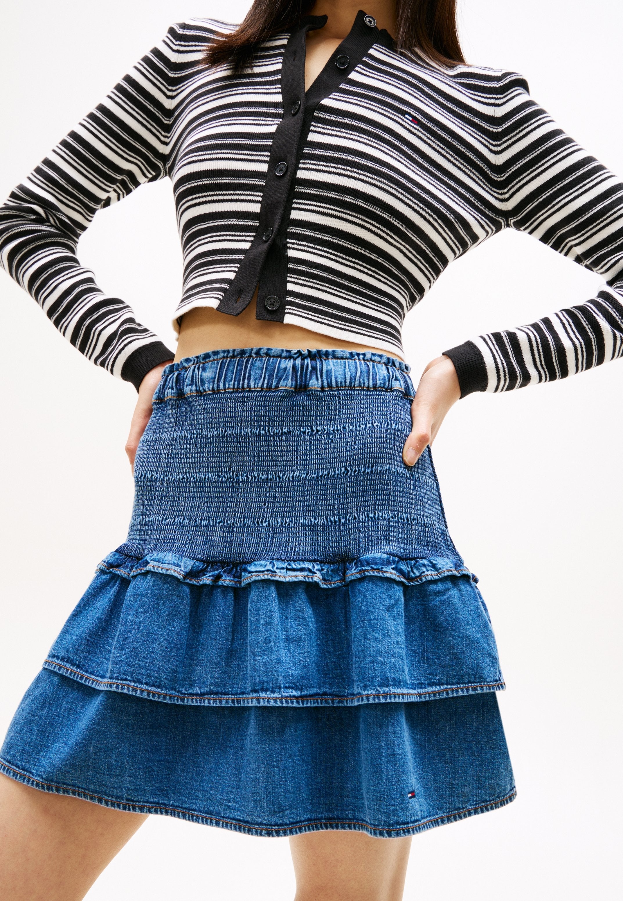 CHAMBRAY SLIM TIERED MINI SKIRT - Denim skirt - blue denim