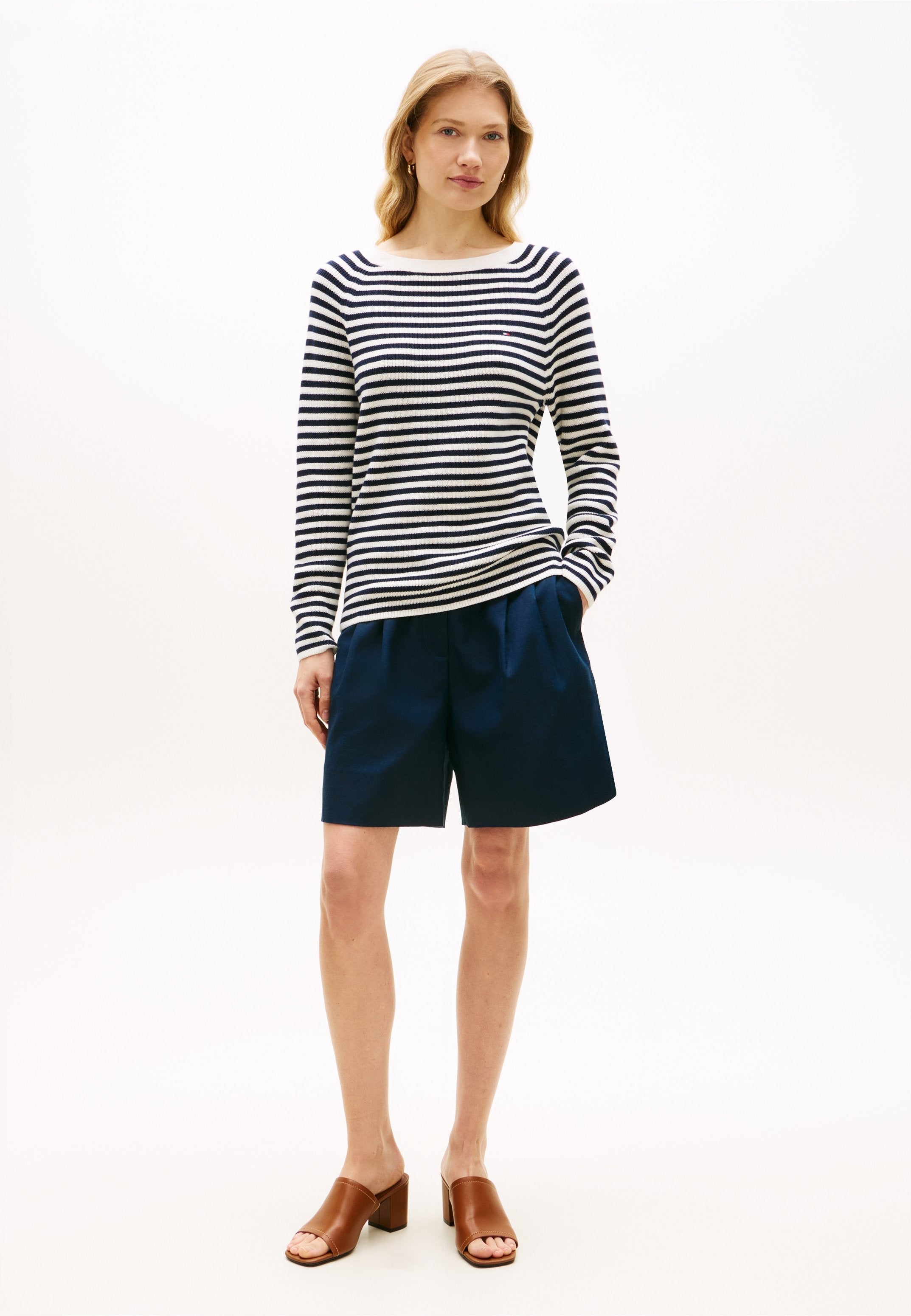 FINE KNIT BOAT NECK JUMPER - Jumper - ivory petal/dark night navy