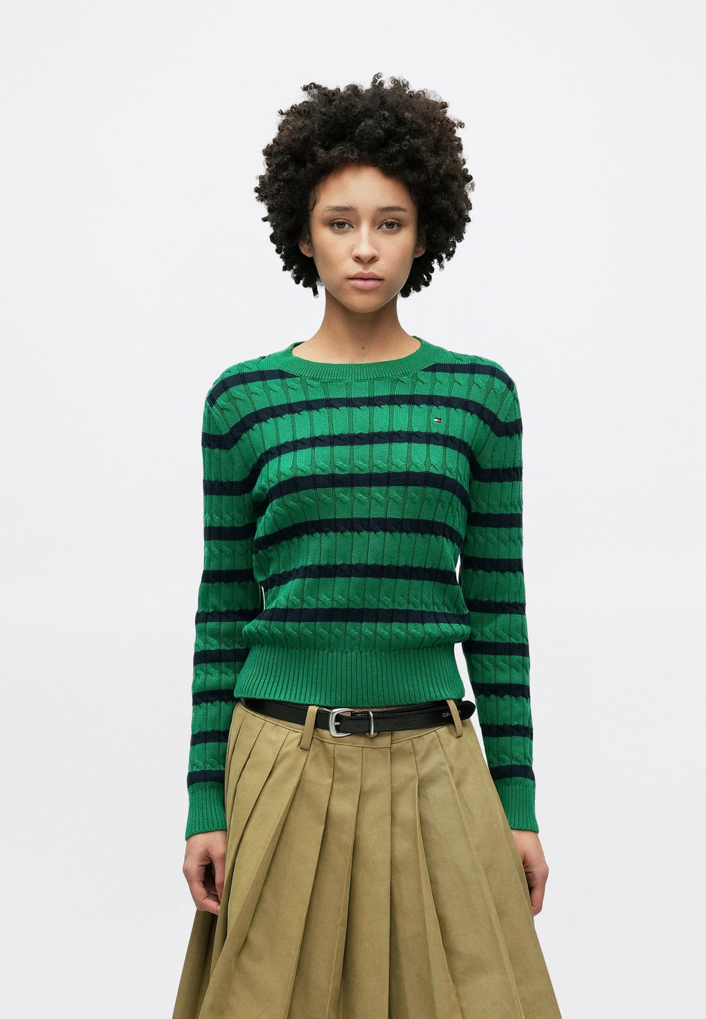 CABLE KNIT CREW NECK JUMPER - Jumper - nouveau green/navy breton