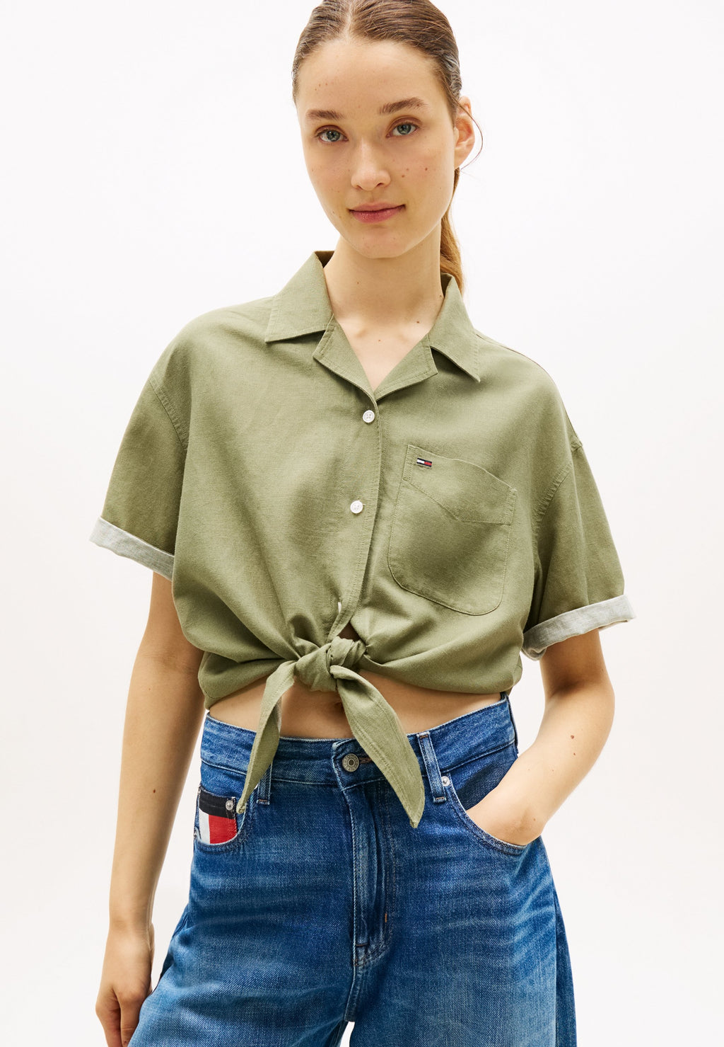 RELAXED FIT LINEN BLEND TIE FRONT SHIRT - Button-down blouse - bay leaf