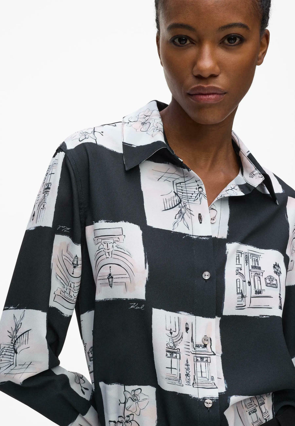 FLUID PRINTED - Button-down blouse - sketch checkerboard all over print