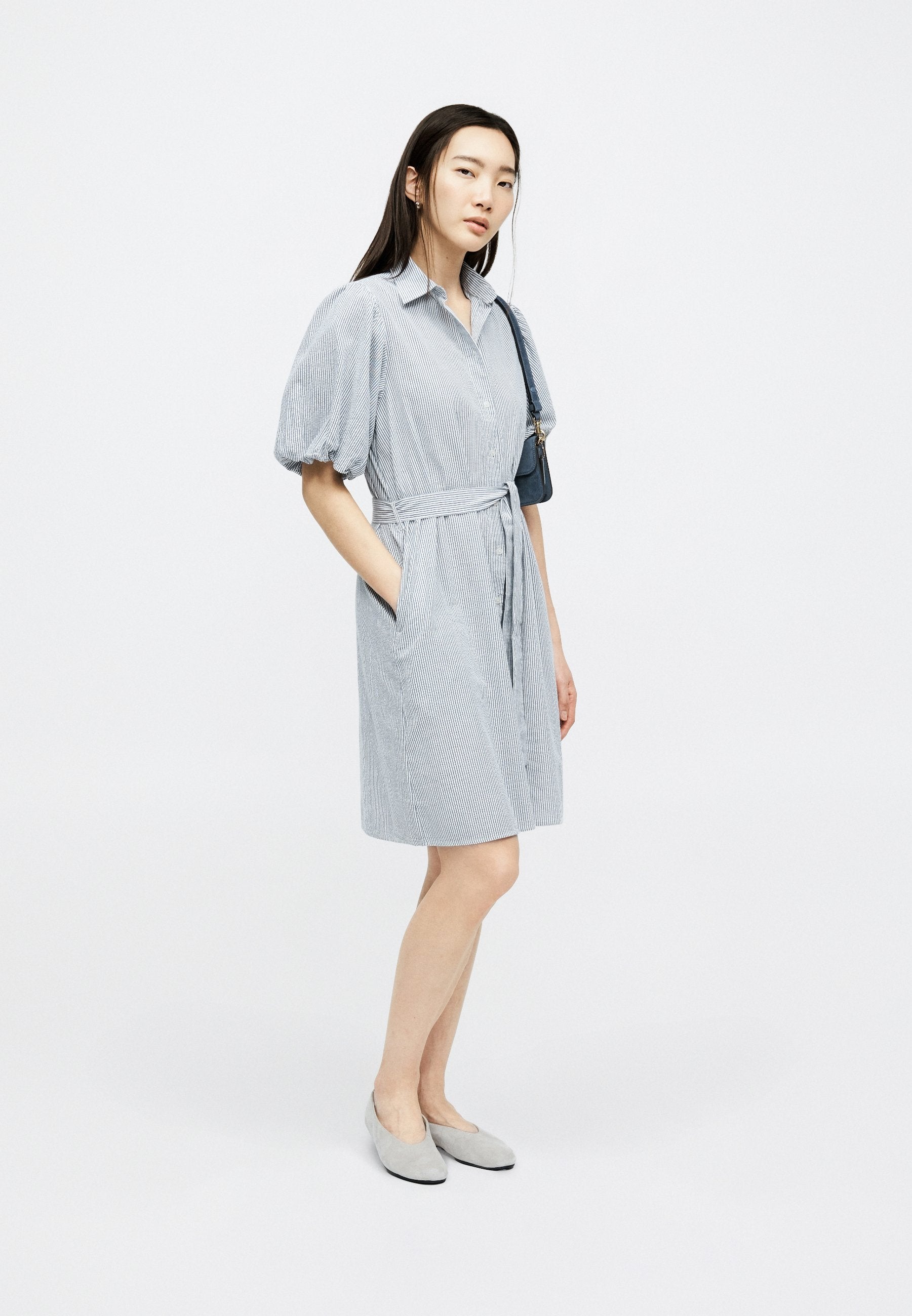 SEERSUCKER PUFF SLEEVE DRESS - Shirt dress - evening blue