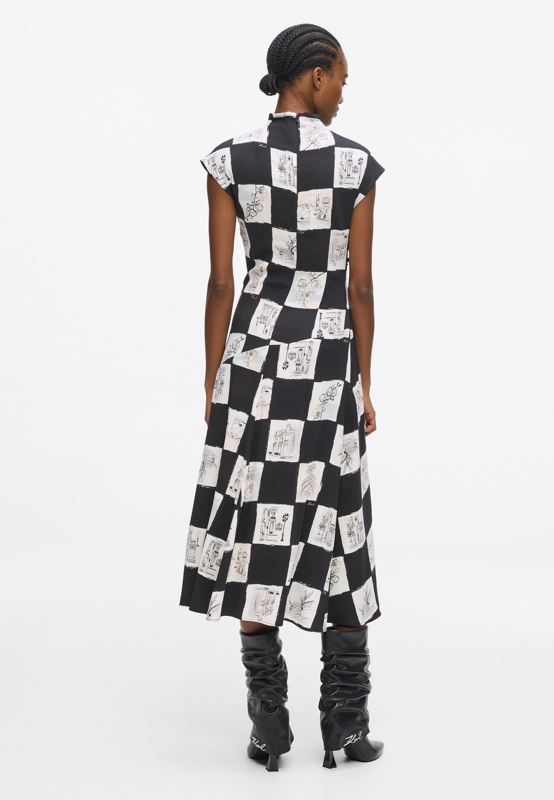 HIGH NECK MIDI - Day dress - sketch checkerboard aop