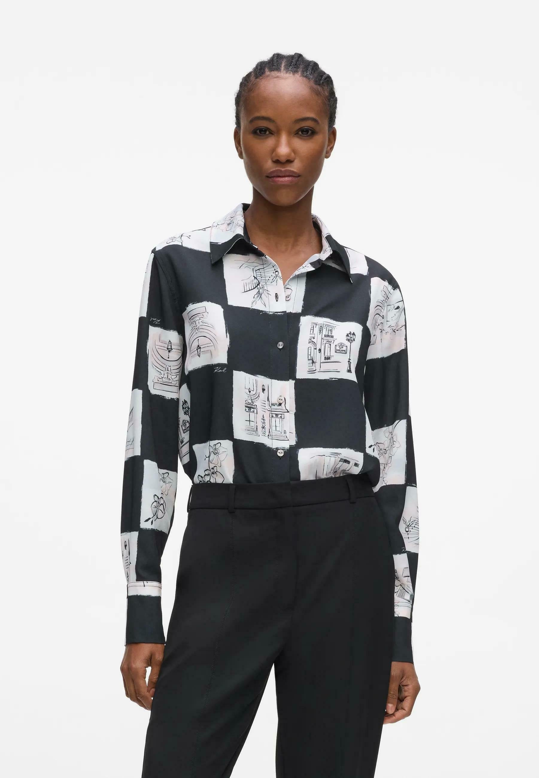 FLUID PRINTED - Button-down blouse - sketch checkerboard all over print