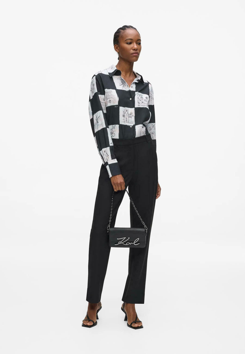 FLUID PRINTED - Button-down blouse - sketch checkerboard all over print