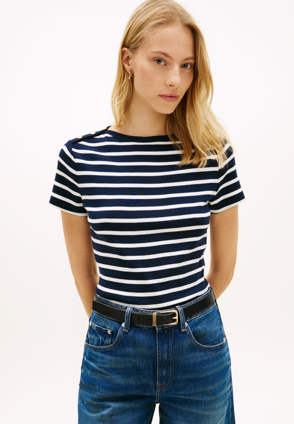 GOLD-TONE BUTTON SLIM BOAT NECK T-SHIRT - Print T-shirt - dark night/ecru