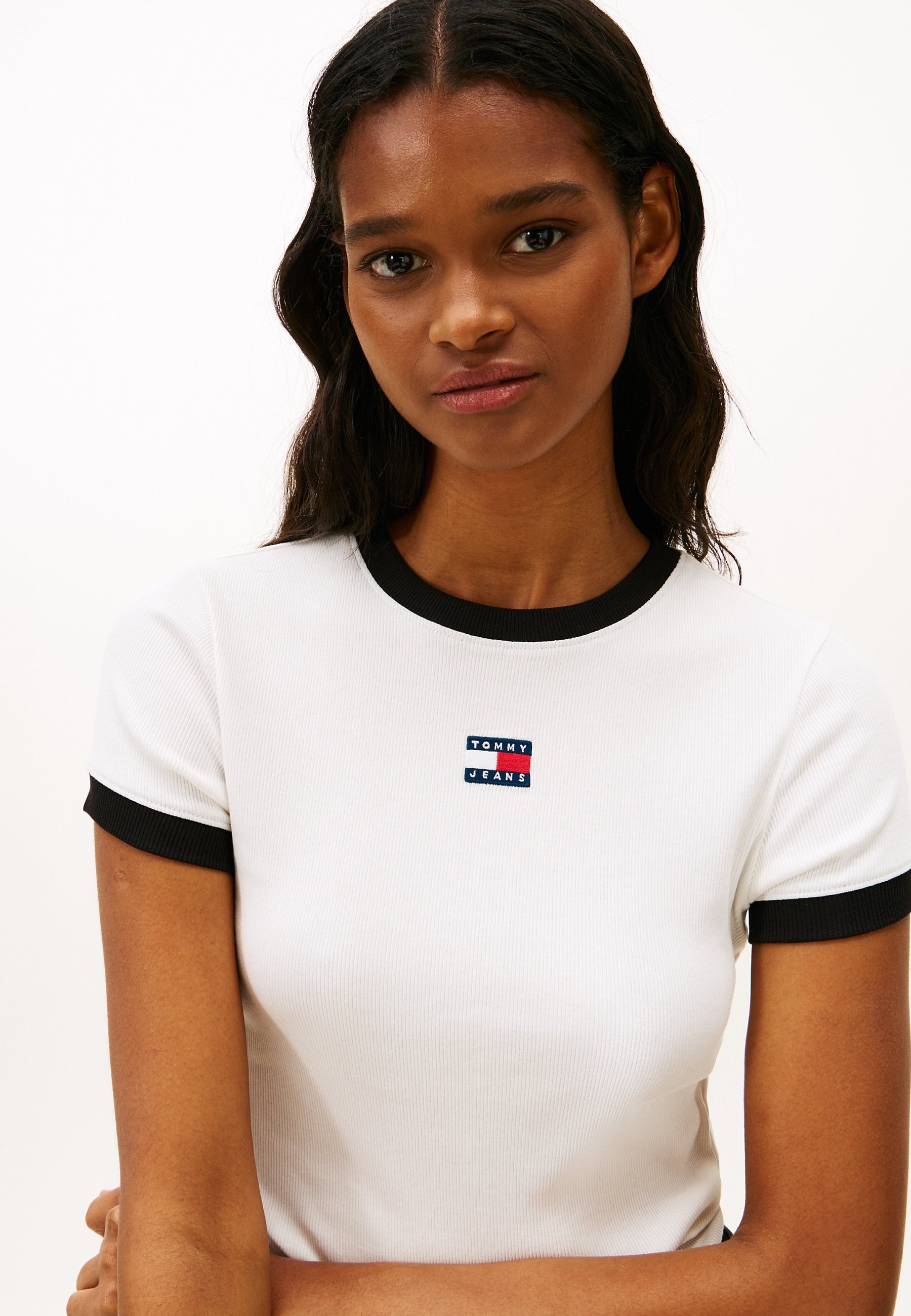 TOMMY BADGE RIBBED SLIM T-SHIRT - Print T-shirt - ecru