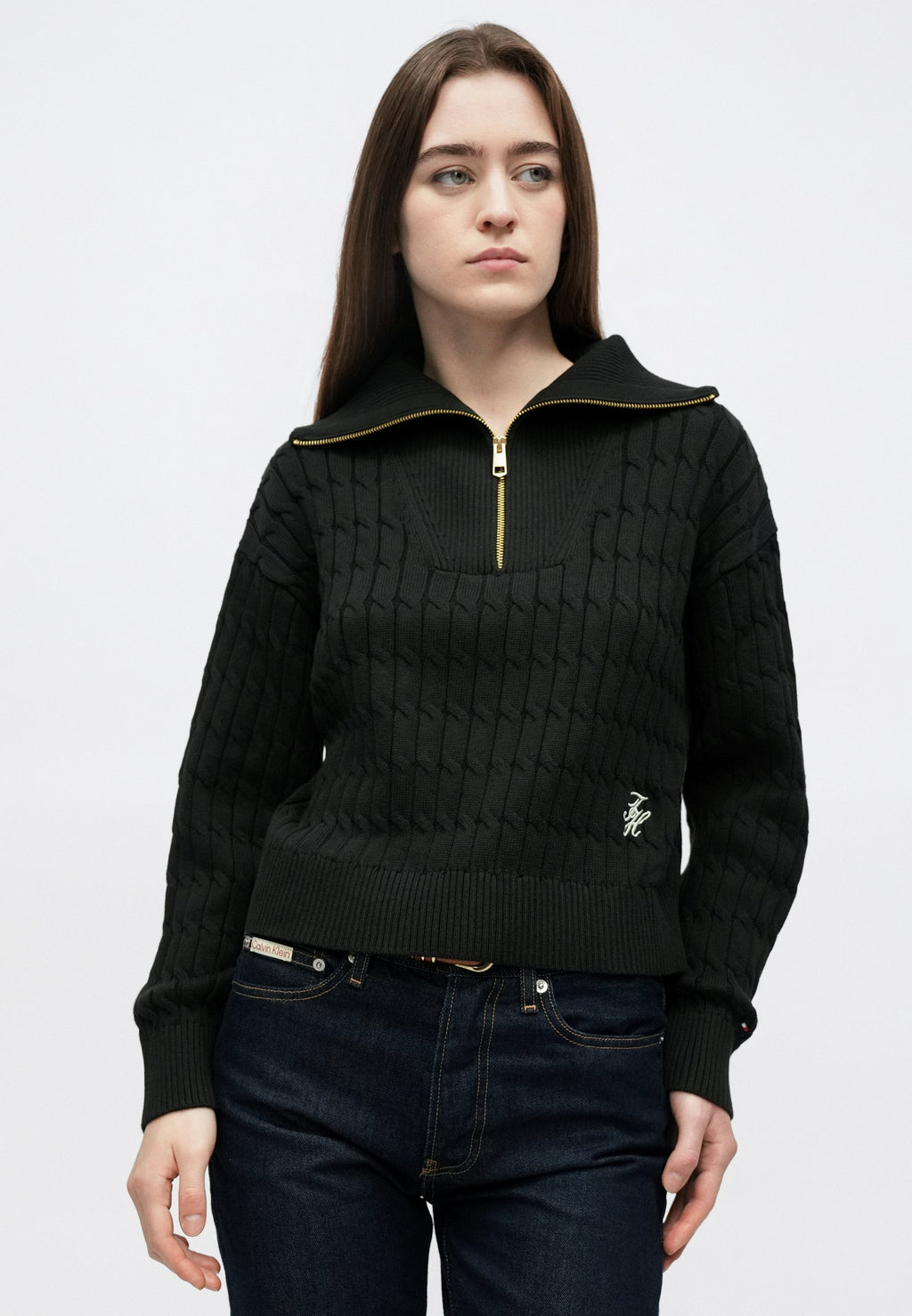 RELAXED CABLE KNIT HALF-ZIP JUMPER - Jumper - black