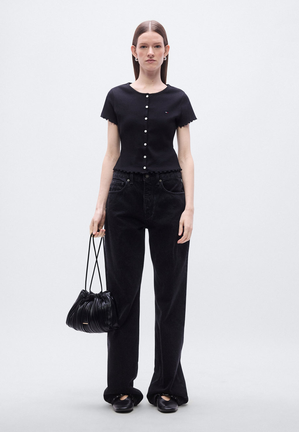 RUFFLE TRIM RIBBED SLIM TOP - Print T-shirt - black