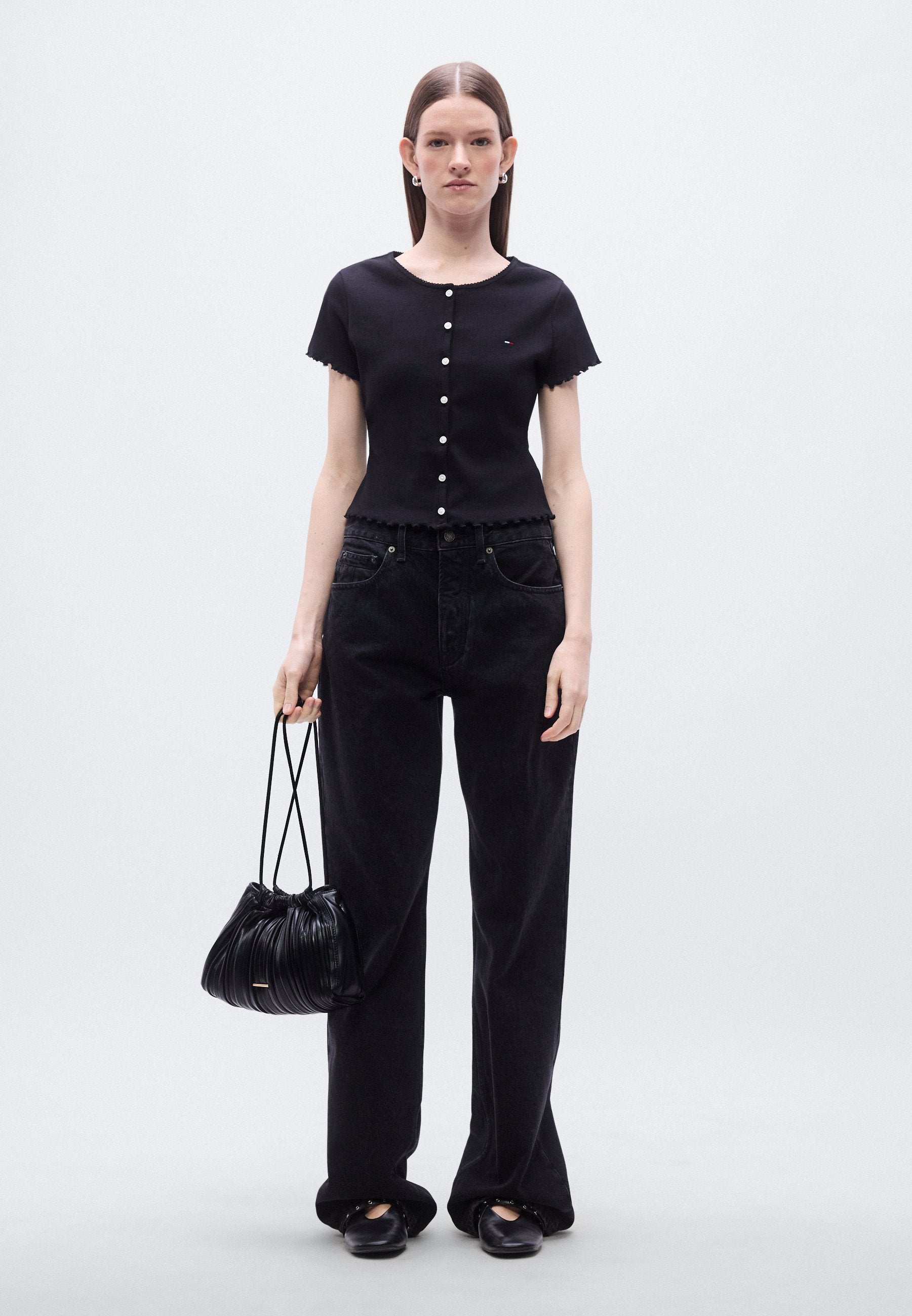 RUFFLE TRIM RIBBED SLIM TOP - Print T-shirt - black