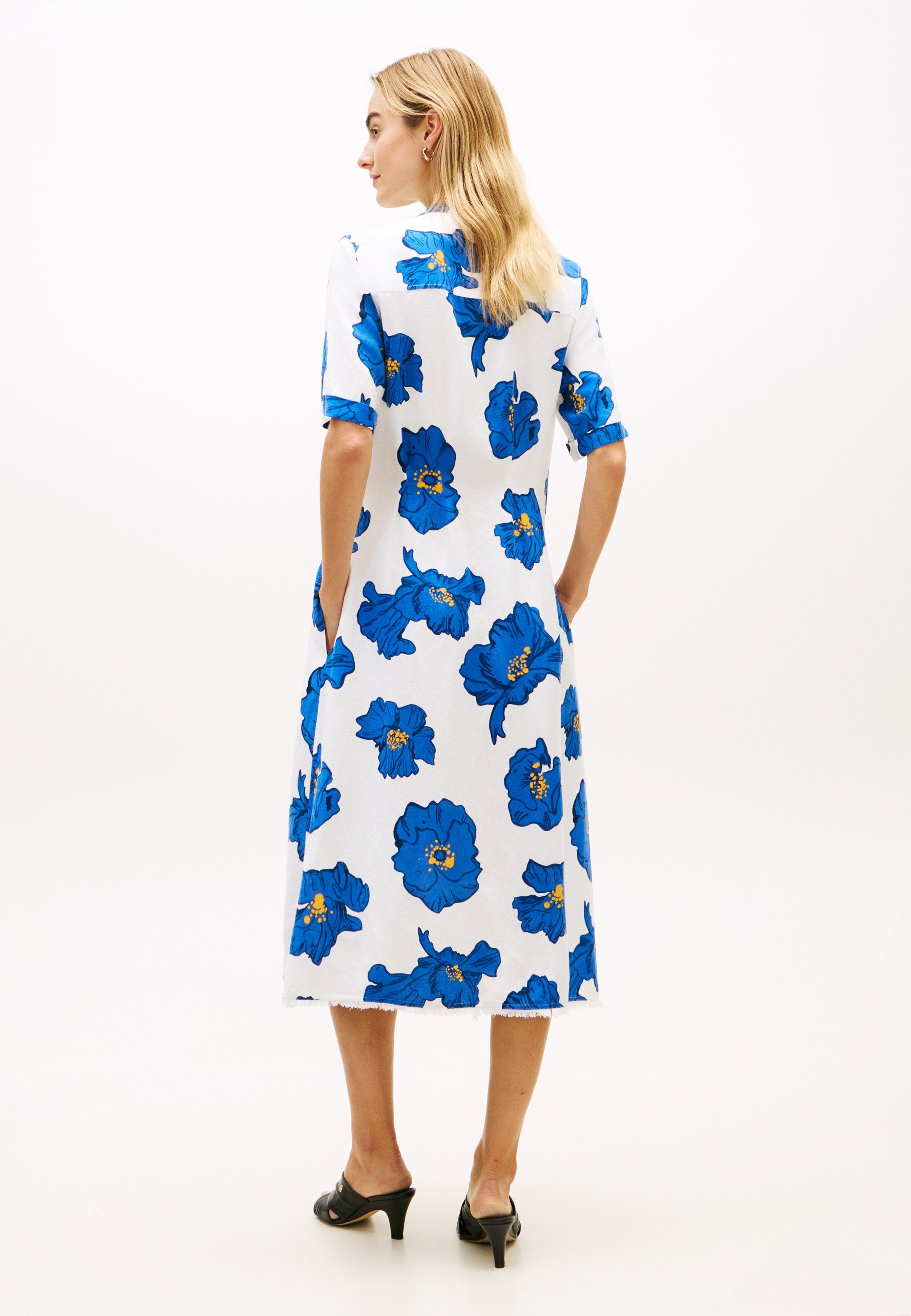 FRAYED LINEN BLEND MIDI SHIRT DRESS - Shirt dress - poppy/spaced ivory blue