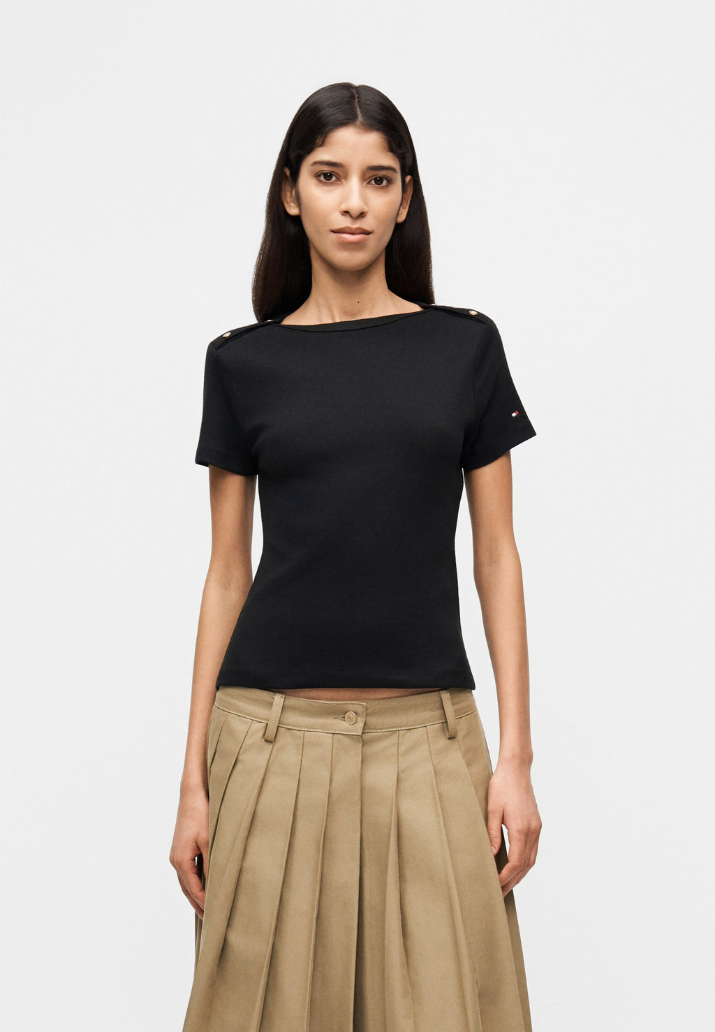 GOLD-TONE BUTTON SLIM BOAT NECK T-SHIRT - Print T-shirt - black