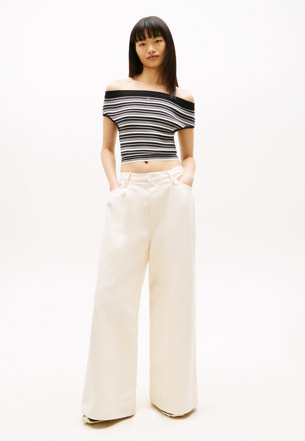 JEANS PLISSÉS À COUPE DROITE DÉCONTRACTÉE ET TAILLE MI-HAUTE - Jeans Baggy - blanc