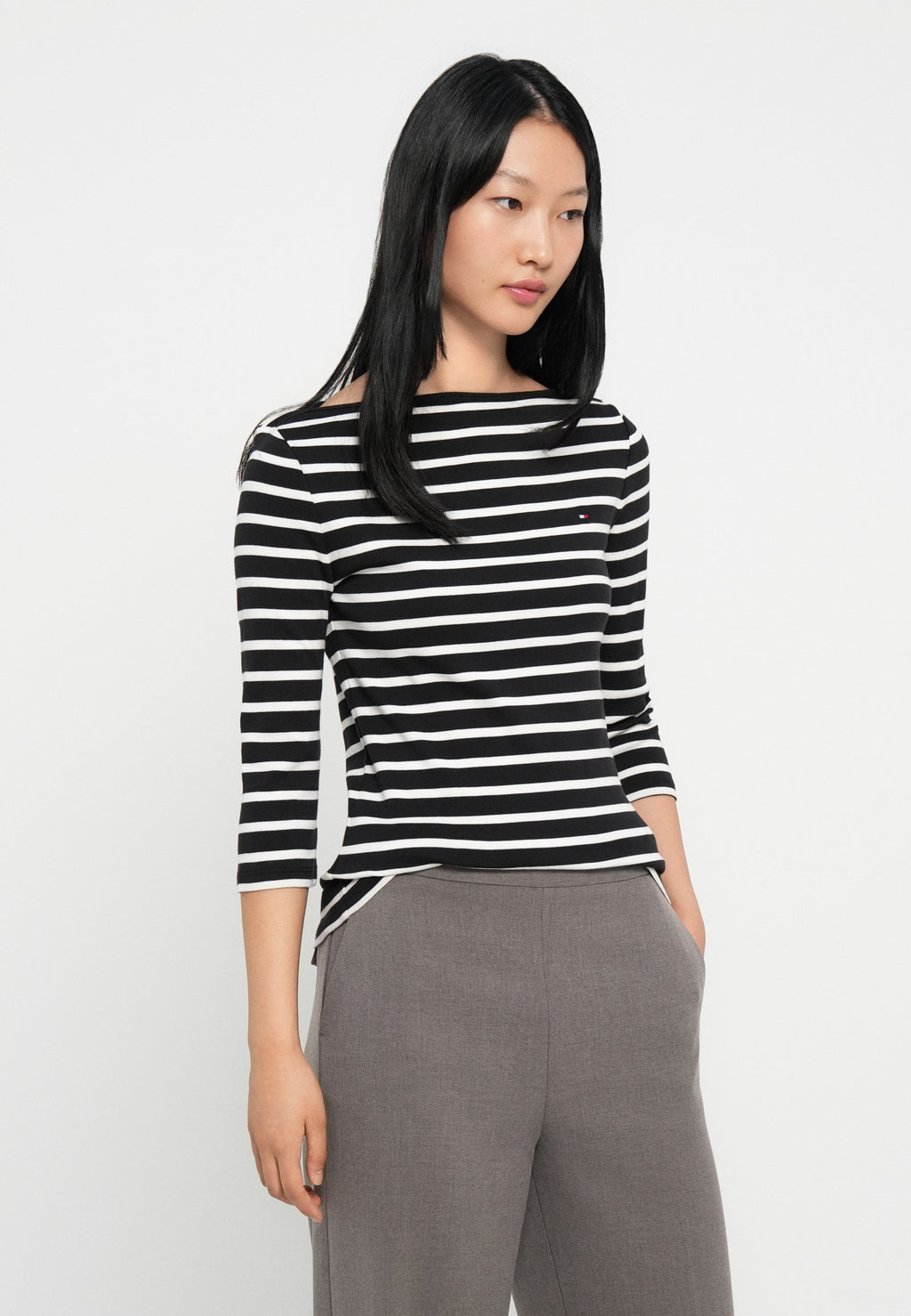 BOAT NECK THREE-QUARTER SLEEVE T-SHIRT - Long sleeved top - black/ecru