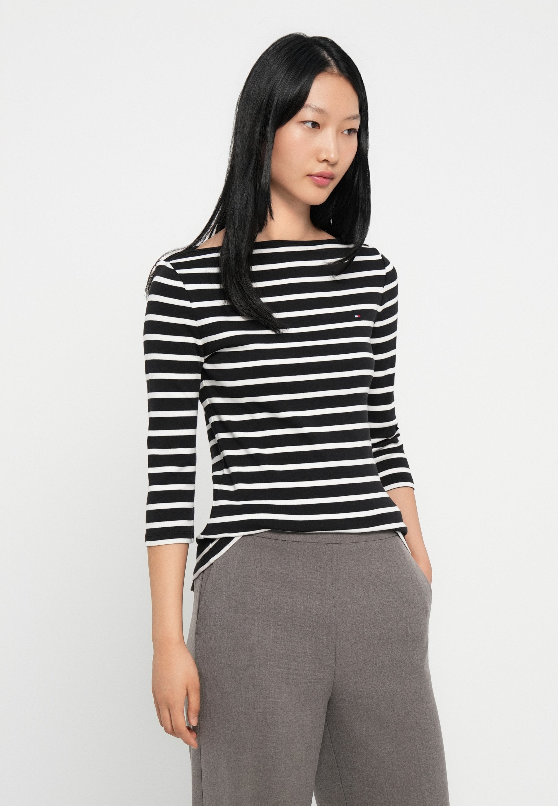 BOAT NECK THREE-QUARTER SLEEVE T-SHIRT - Long sleeved top - black/ecru