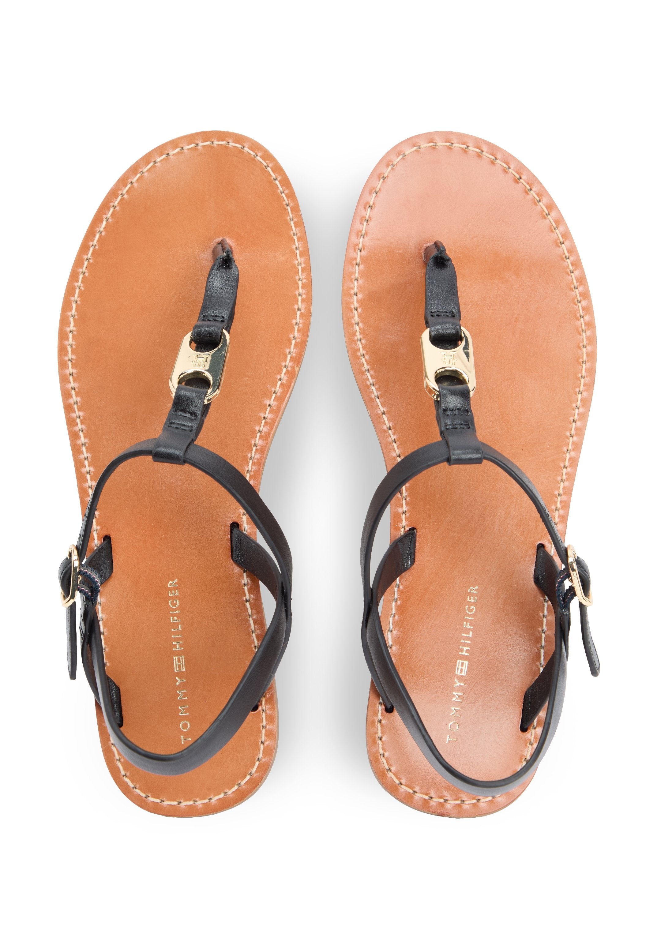 LEATHER TH MONOGRAM STRAP SANDALS - T-bar sandals - black