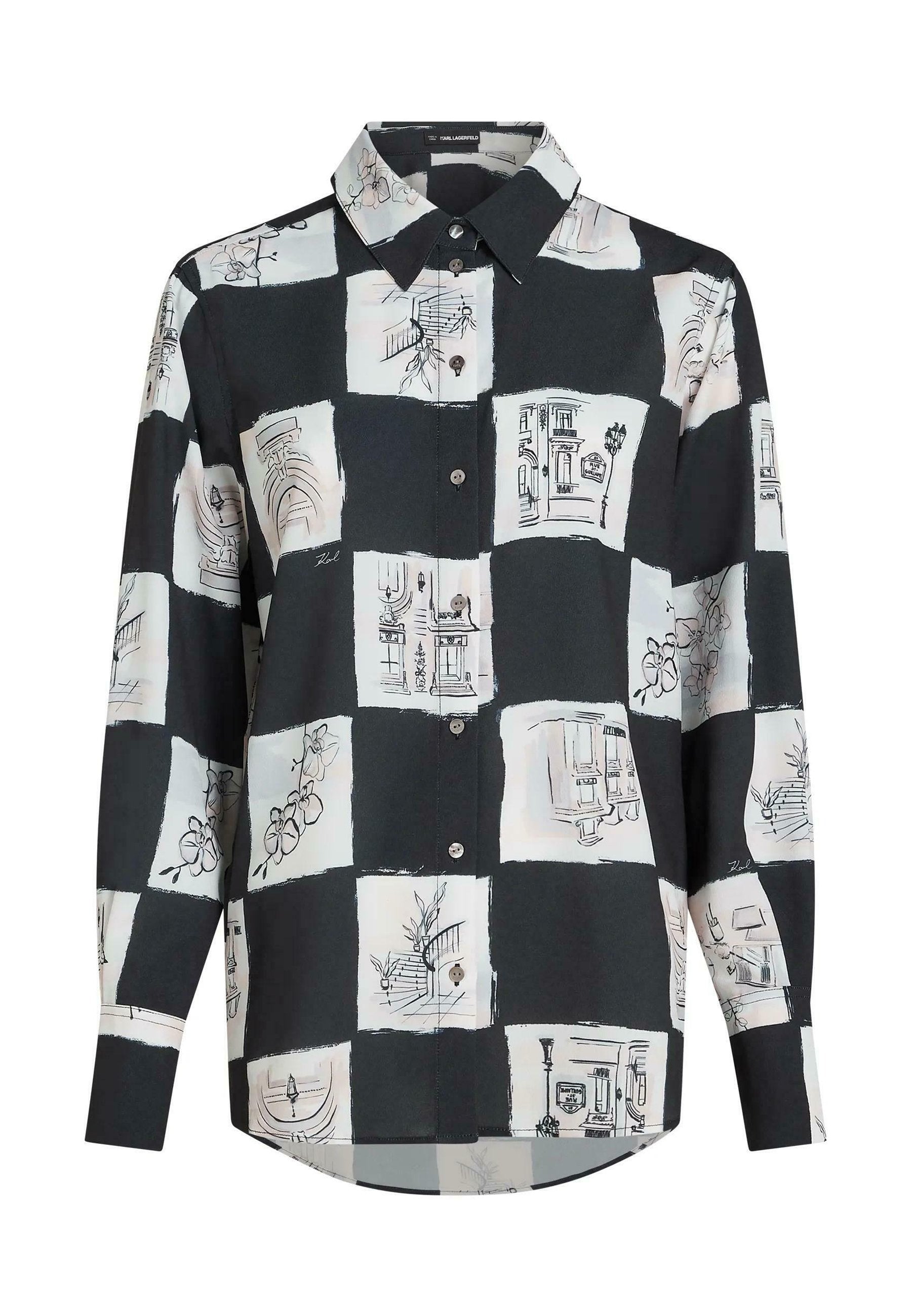 FLUID PRINTED - Button-down blouse - sketch checkerboard all over print