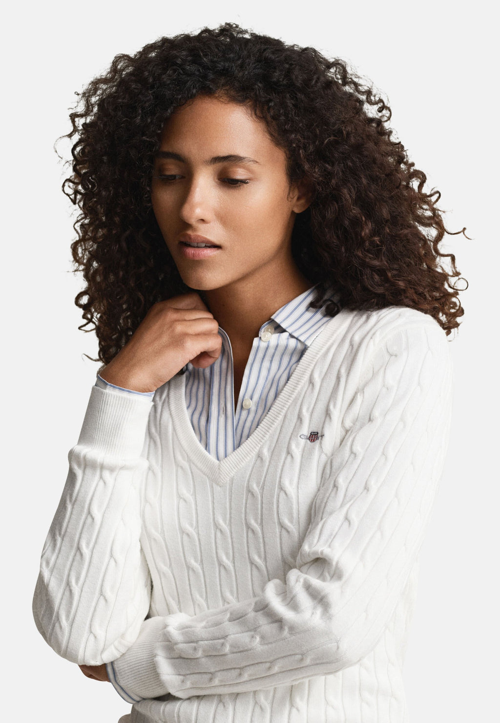 STRETCH CABLE V-NECK - Jumper - eggshell