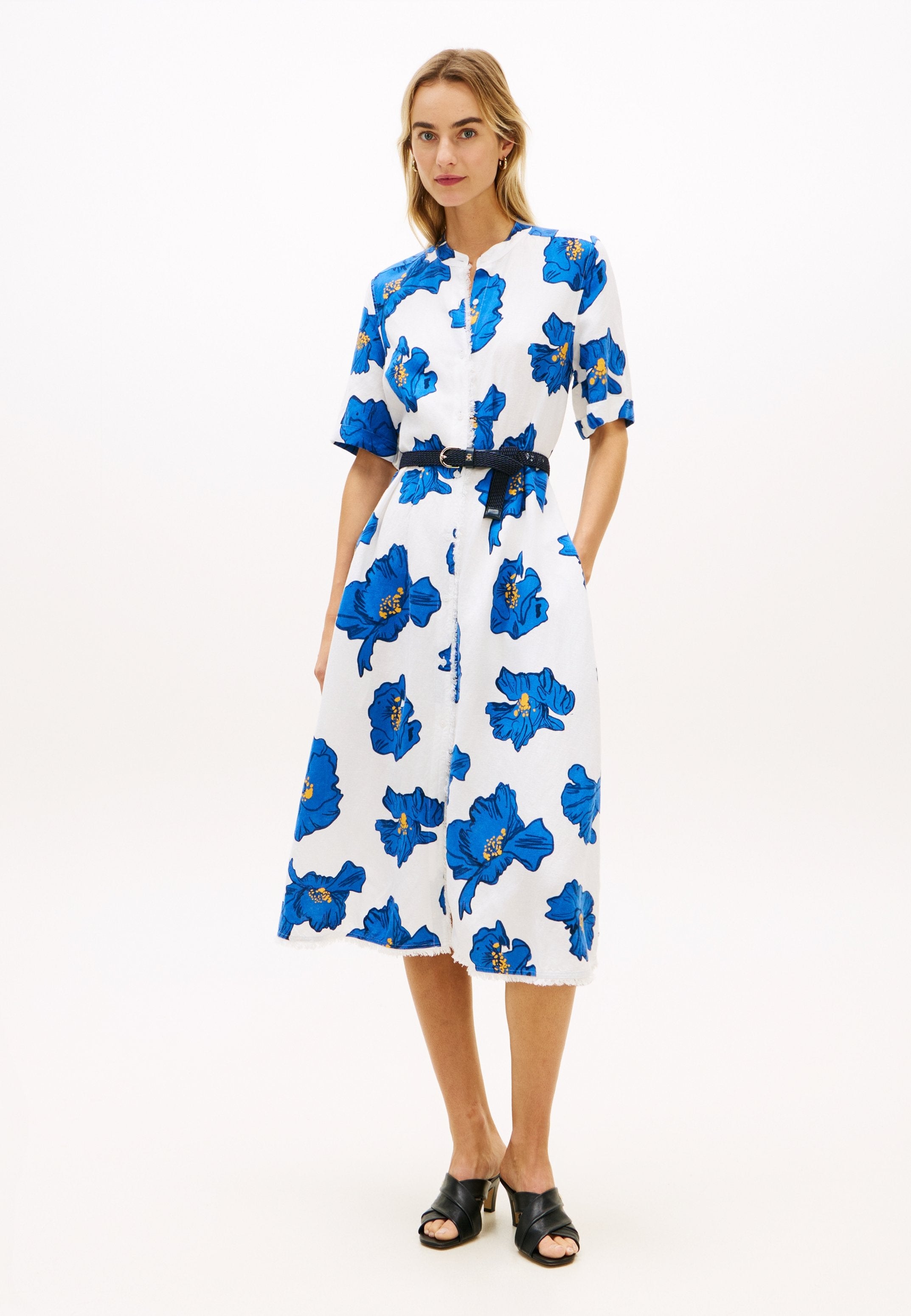 FRAYED LINEN BLEND MIDI SHIRT DRESS - Shirt dress - poppy/spaced ivory blue